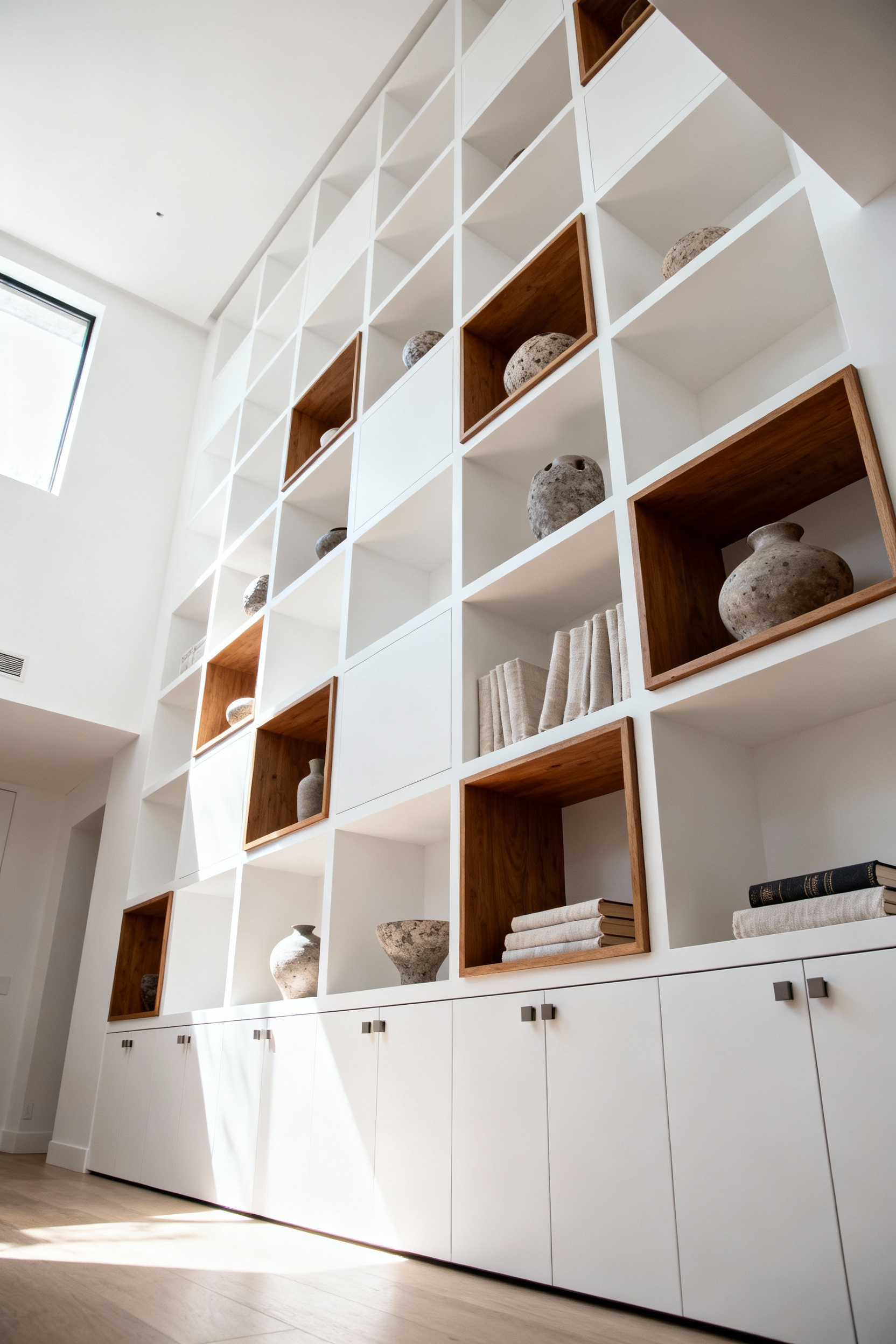 Living room featuring a minimalist floor-to-ceiling bespoke shelving unit for elegant wall space storage and architectural interest, displaying curated objects with negative space.