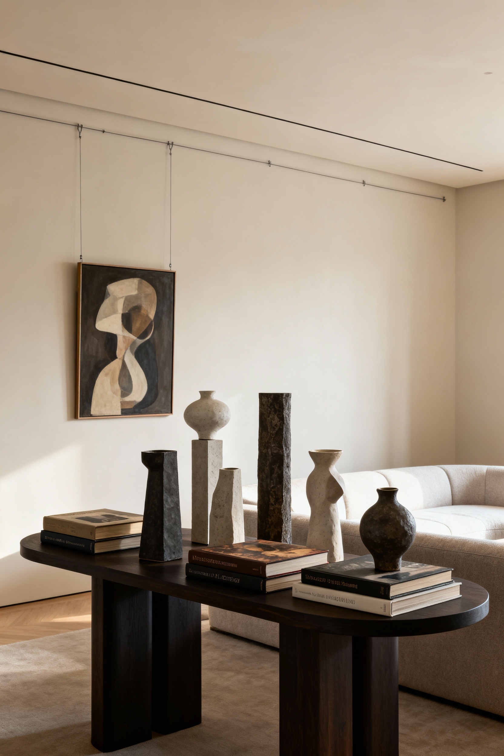 A beautifully curated living room vignette on a console table, featuring rotating abstract ceramic sculptures and art books with thoughtful negative space, reflecting dynamic refinement and sophisticated evolving decor.