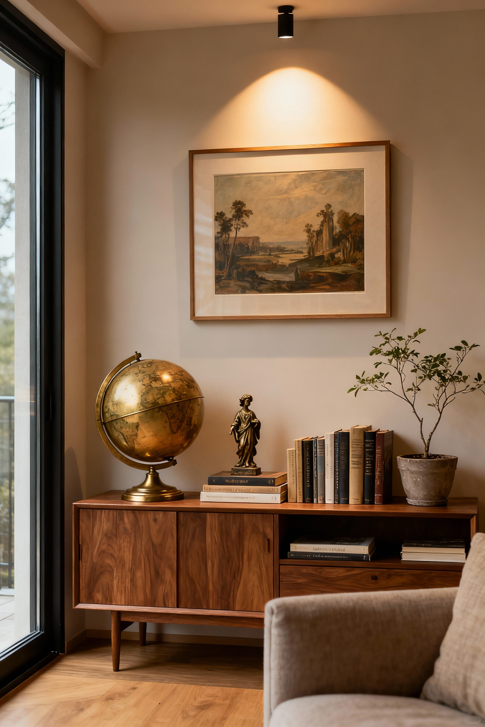 A sophisticated living room vignette featuring a collection of personally curated travel souvenirs, antique books, and artistic objects, arranged with varied heights and illuminated by accent lighting, showcasing personalized decor. No people. Soft ambient light.