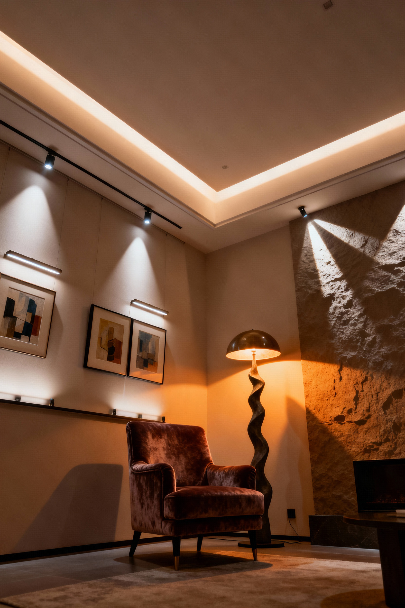 Living room with multi-layered strategic lighting, featuring cove lighting, accent spotlights on art, and a sculptural floor lamp next to a velvet armchair, creating a sophisticated and cozy atmosphere with intentional shadow play.