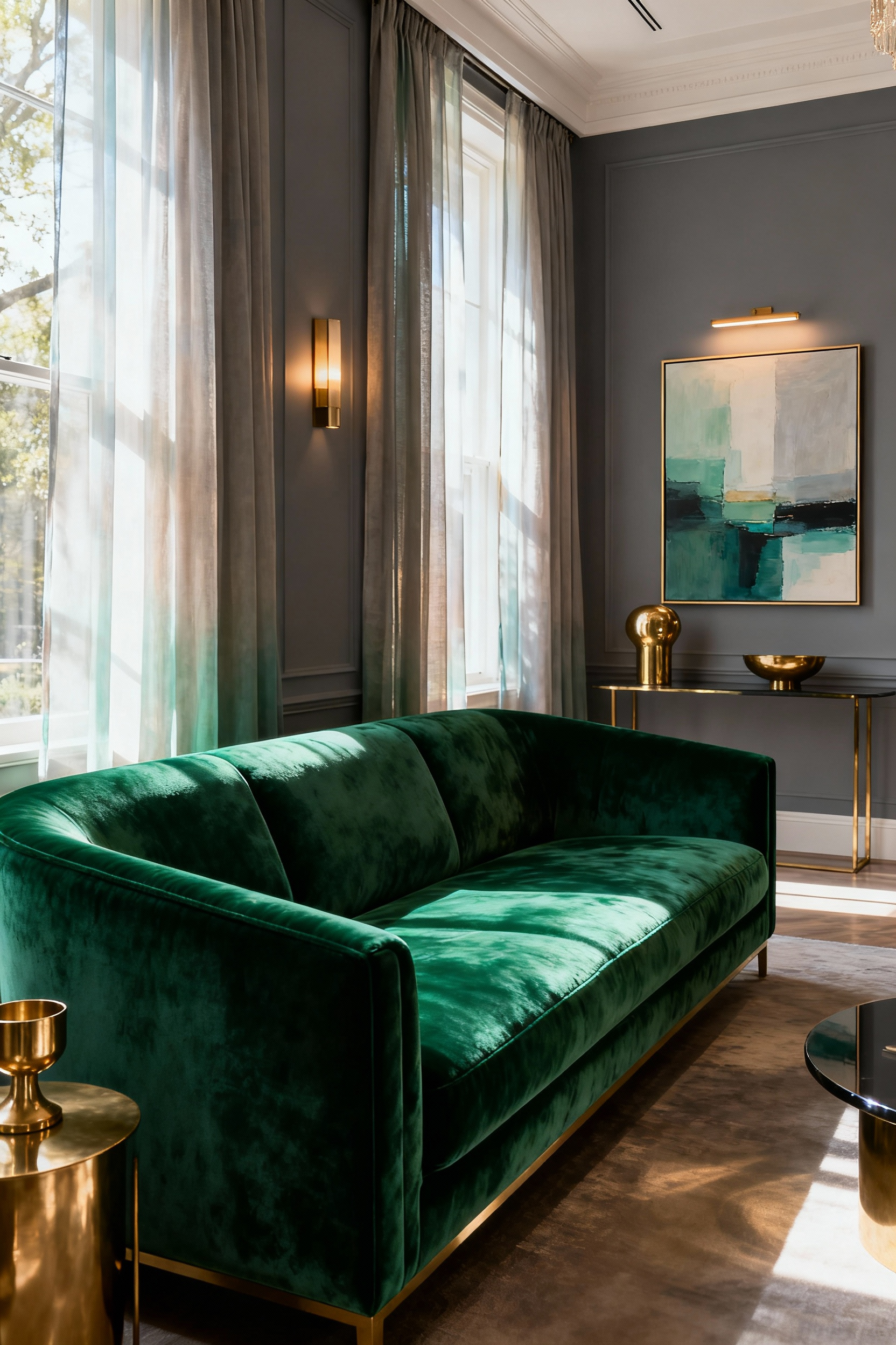 Luxurious living room with emerald velvet sofa, brass accents, and abstract art, showcasing a sophisticated intentional color palette.