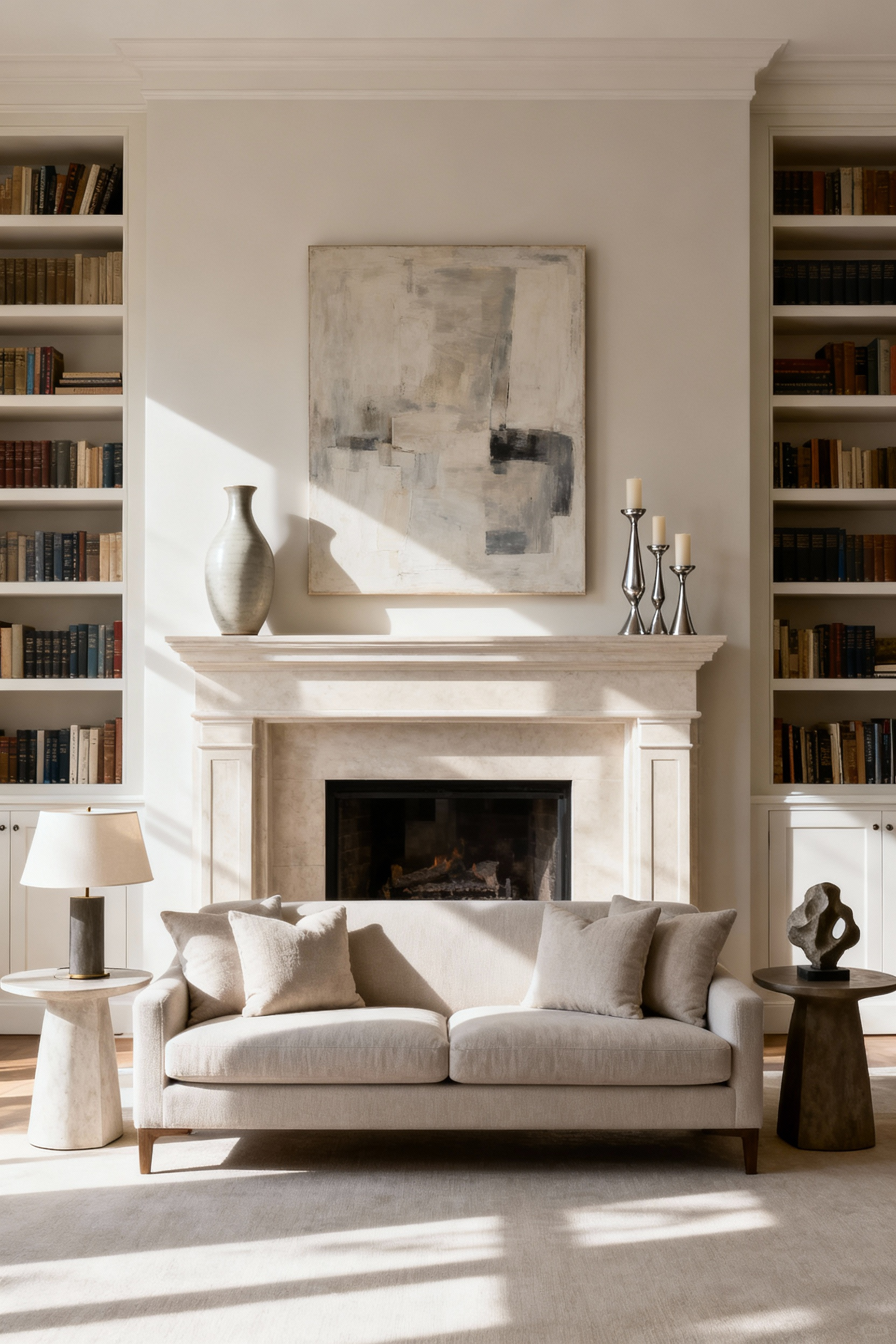 A perfectly balanced living room with a fireplace, sofa, and accent decor, showcasing a blend of symmetrical and asymmetrical design elements.