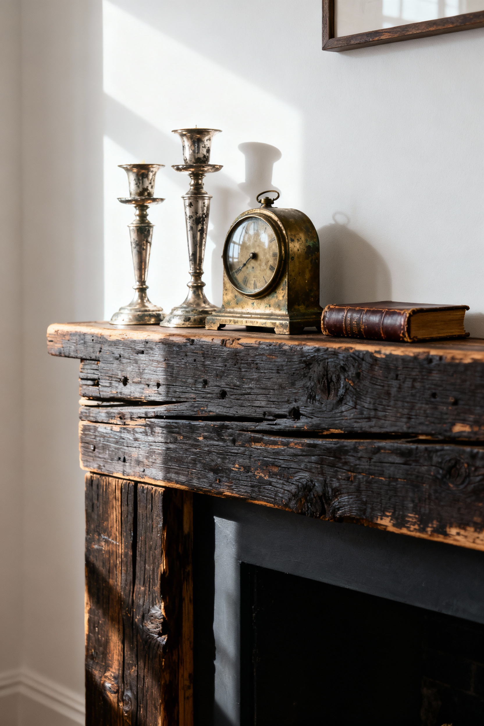 Aged brass and tarnished silver decorative objects on a reclaimed wood mantelpiece in a luxurious living room.