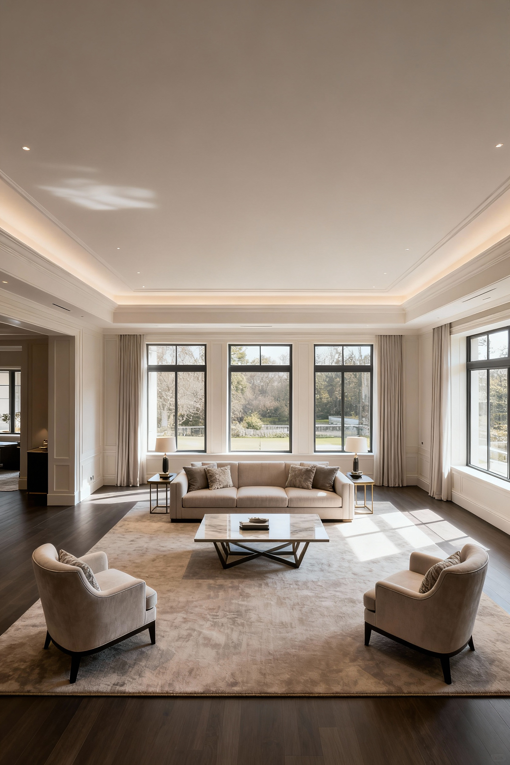 Elegantly proportioned living room with balanced furniture scale, modern decor, luxurious textiles, and natural light, demonstrating ideal furniture placement for a harmonious space.