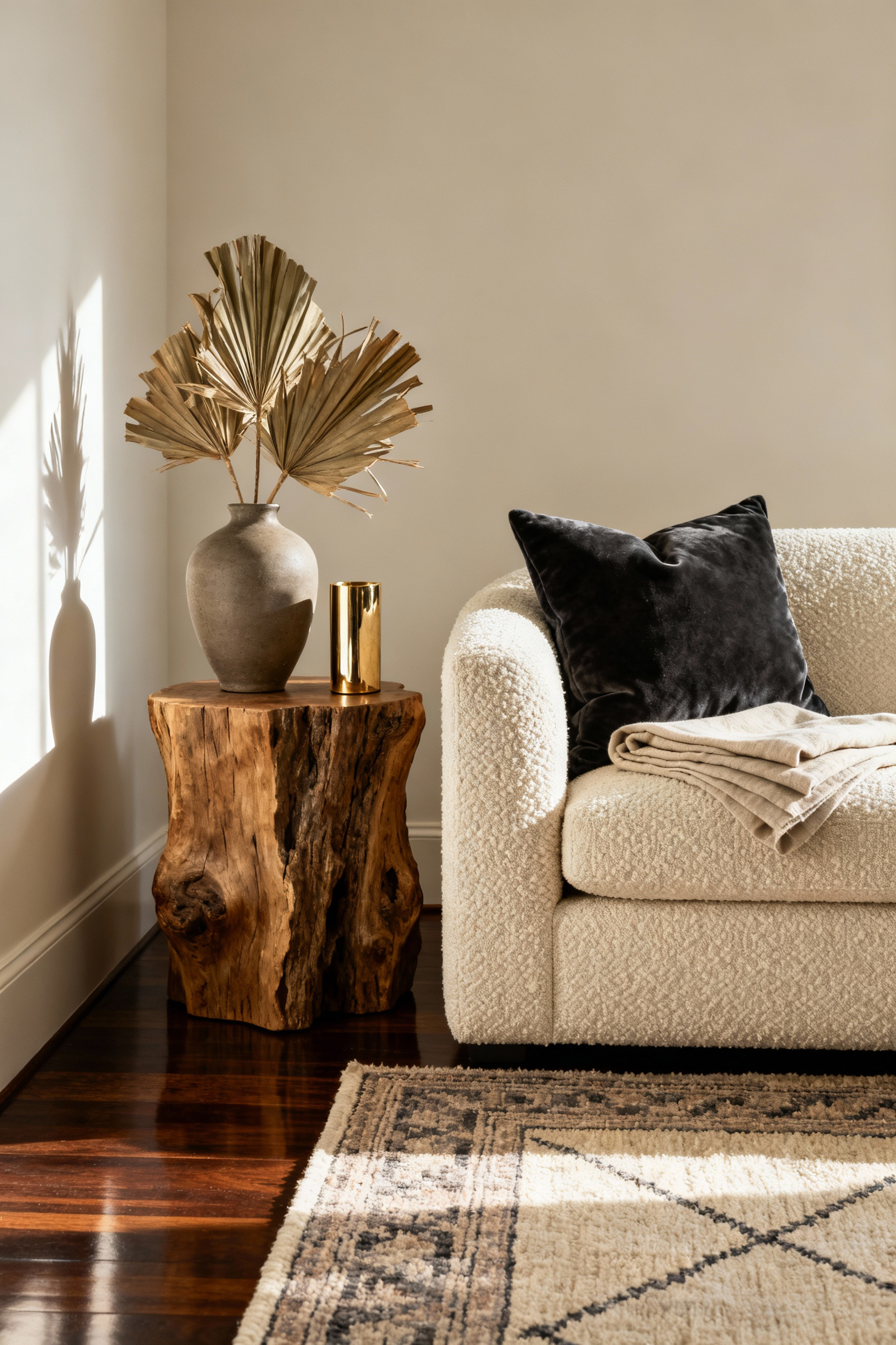 A cozy living room corner featuring a boucle sofa with velvet and linen throws, a wool rug, and an artisanal ceramic vase on a raw wood table, highlighting layered textures for warmth.