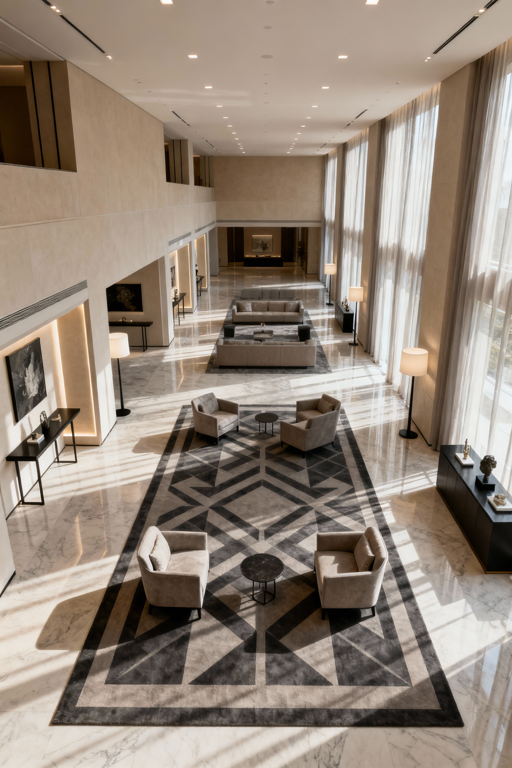 Portrait view of a stylish living room featuring an impeccably designed circulation path, with ample clear space around elegant furniture arrangements, highlighting the intuitive flow and openness of the room. Warm natural light fills the space.