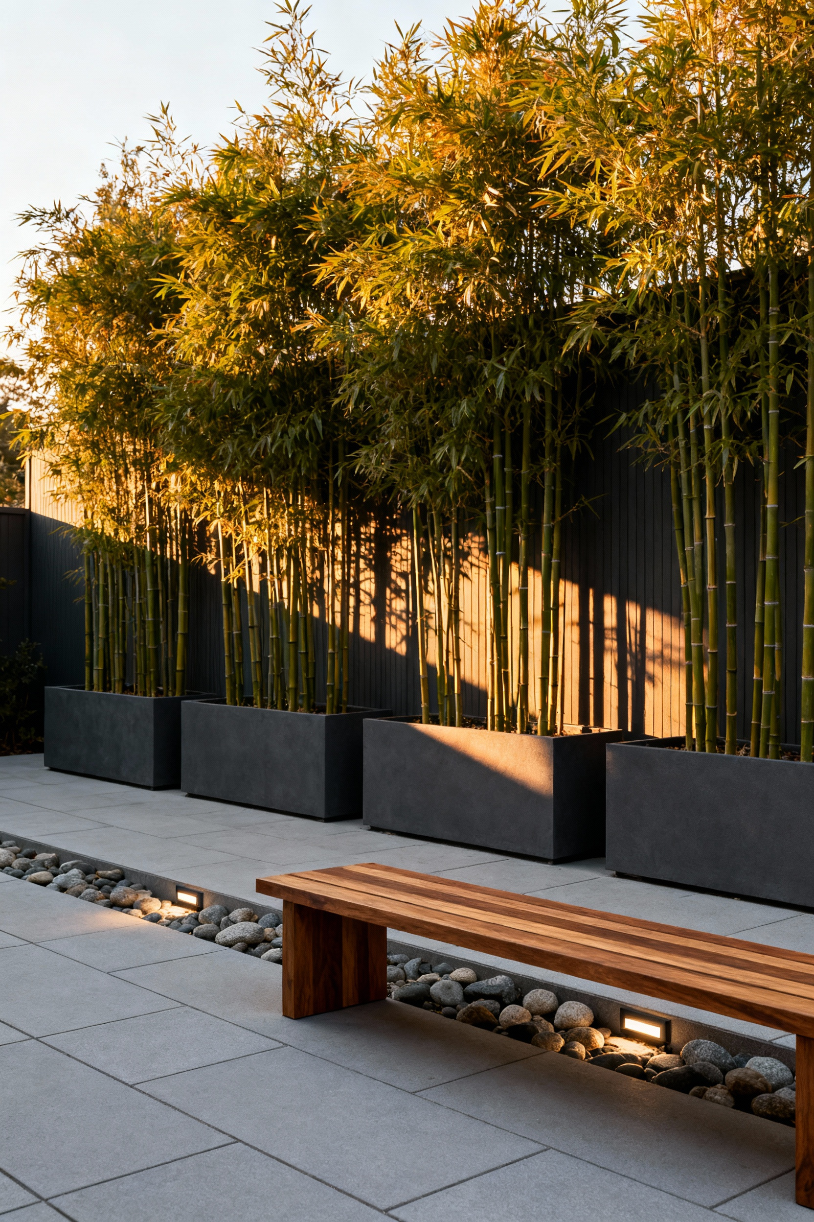 A high, dense privacy screen of clumping bamboo in charcoal planters separating a tranquil urban backyard patio space.