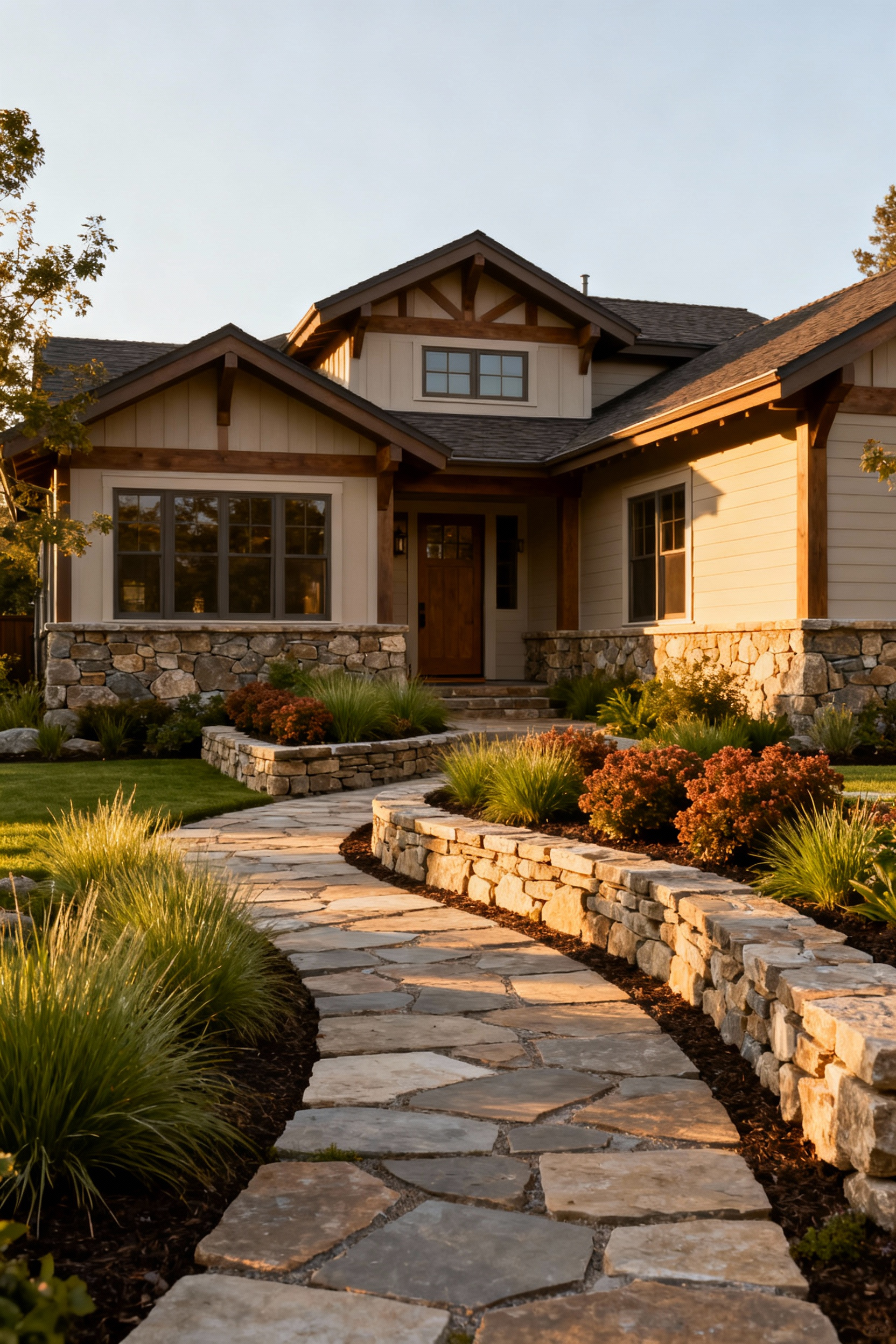 A charming Craftsman-style home with a harmonized front yard featuring flagstone pathways, natural stone retaining walls, and lush, symmetrically arranged native plantings, demonstrating architectural vernacular synchronization.