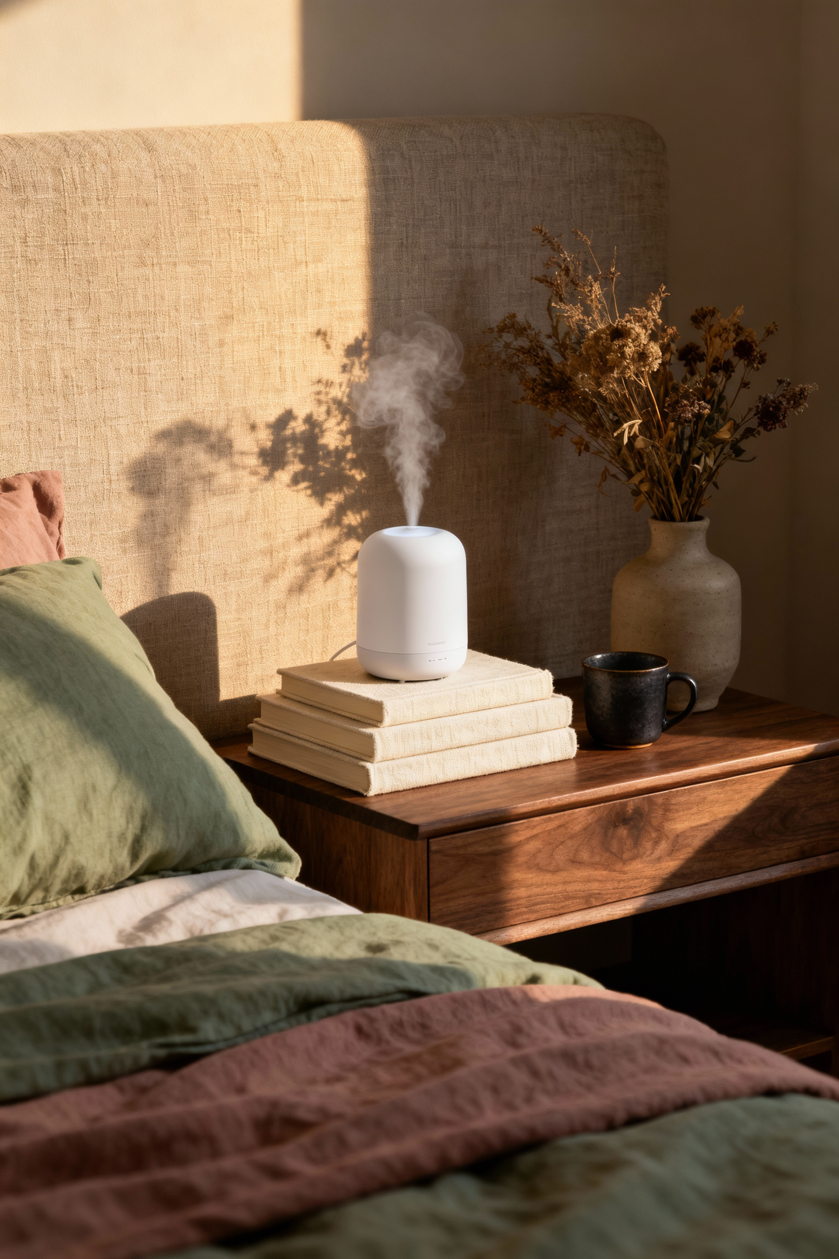A photograph showing a cozy bedroom nightstand setup featuring a seamlessly integrated matte white ceramic ultrasonic diffuser blending with books and linen bedding in soft golden light.