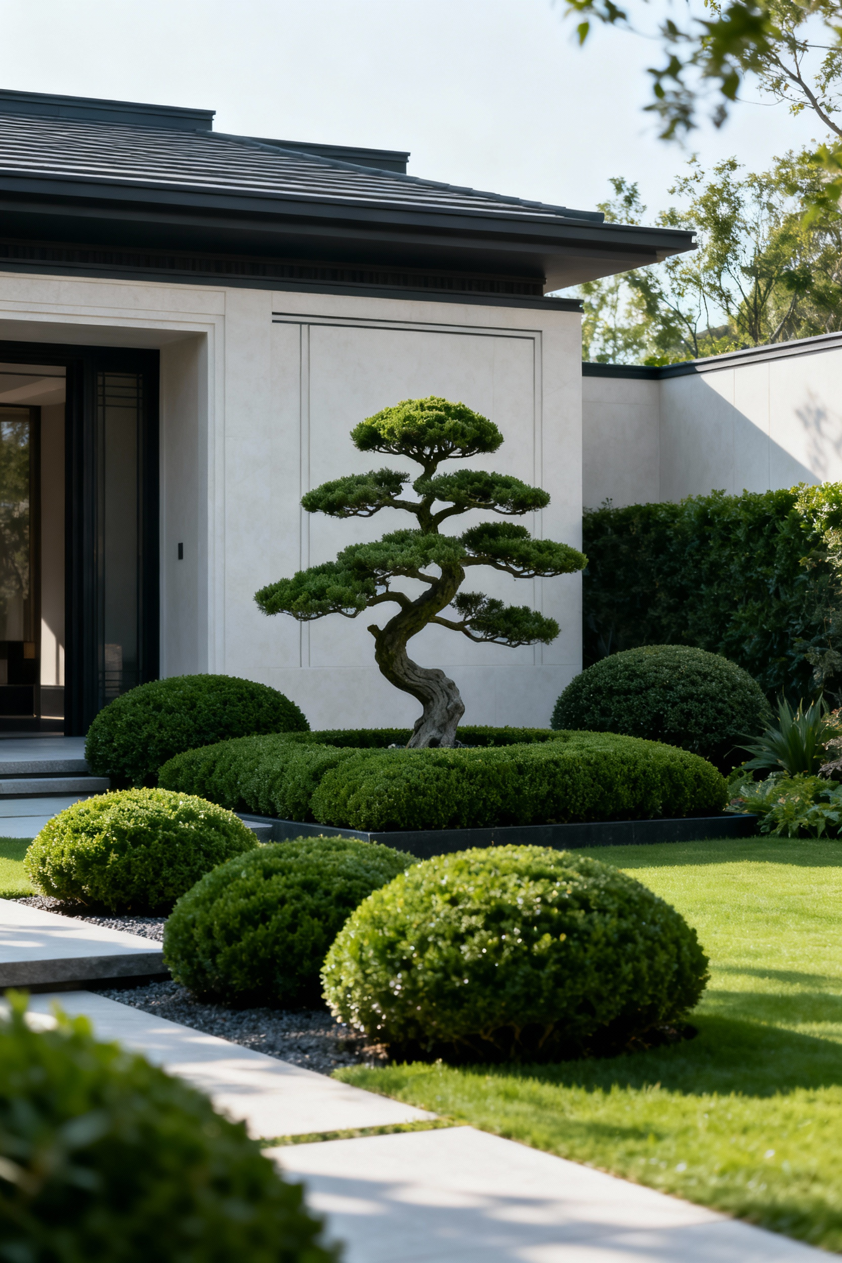 Expertly pruned and sculpted shrubs and trees in a meticulously maintained front yard, showcasing horticultural artistry and precise plant shaping.