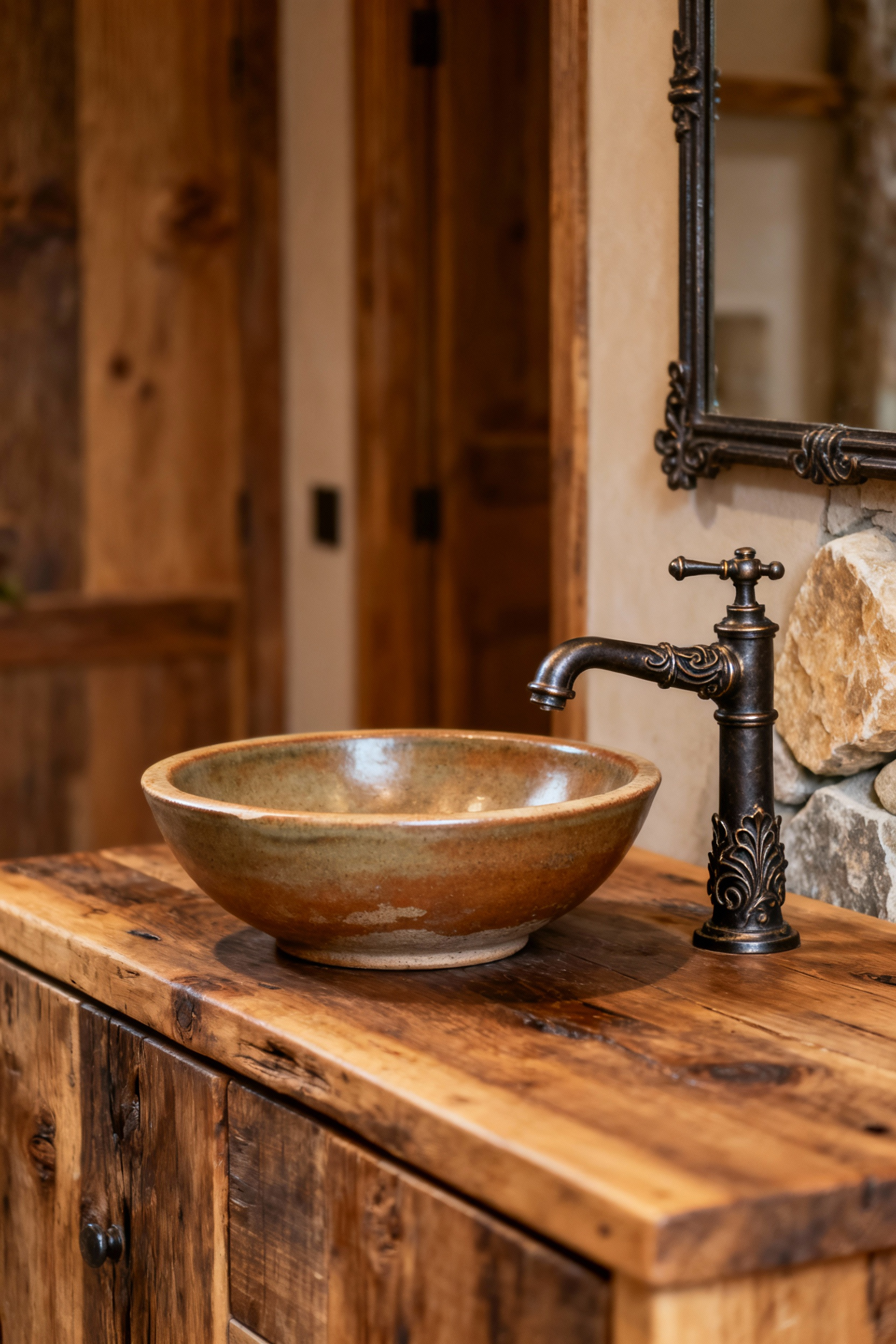 A handcrafted ceramic vessel sink with an organic, earthy glaze paired with an elegant, hand-forged iron faucet in a beautifully styled farmhouse bathroom, showcasing artisanal craftsmanship.