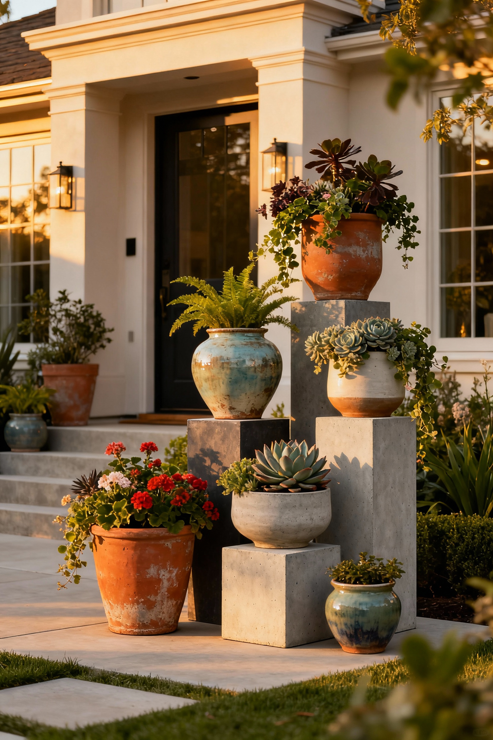 A luxurious front yard entrance adorned with a vertical display of various artisanal planters and containers, filled with lush plants in a sophisticated arrangement.