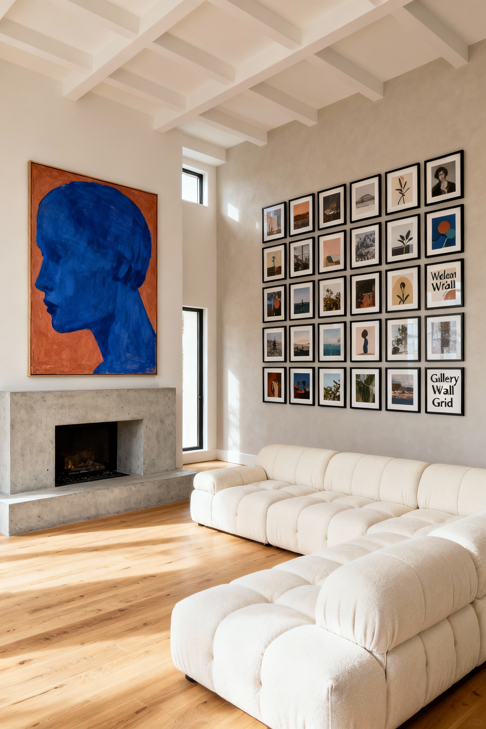 A modern living room interior illustrating two contrasting art hanging methods: an oversized abstract Statement Solo piece above a fireplace and a grid-based Gallery Wall on the adjacent wall.