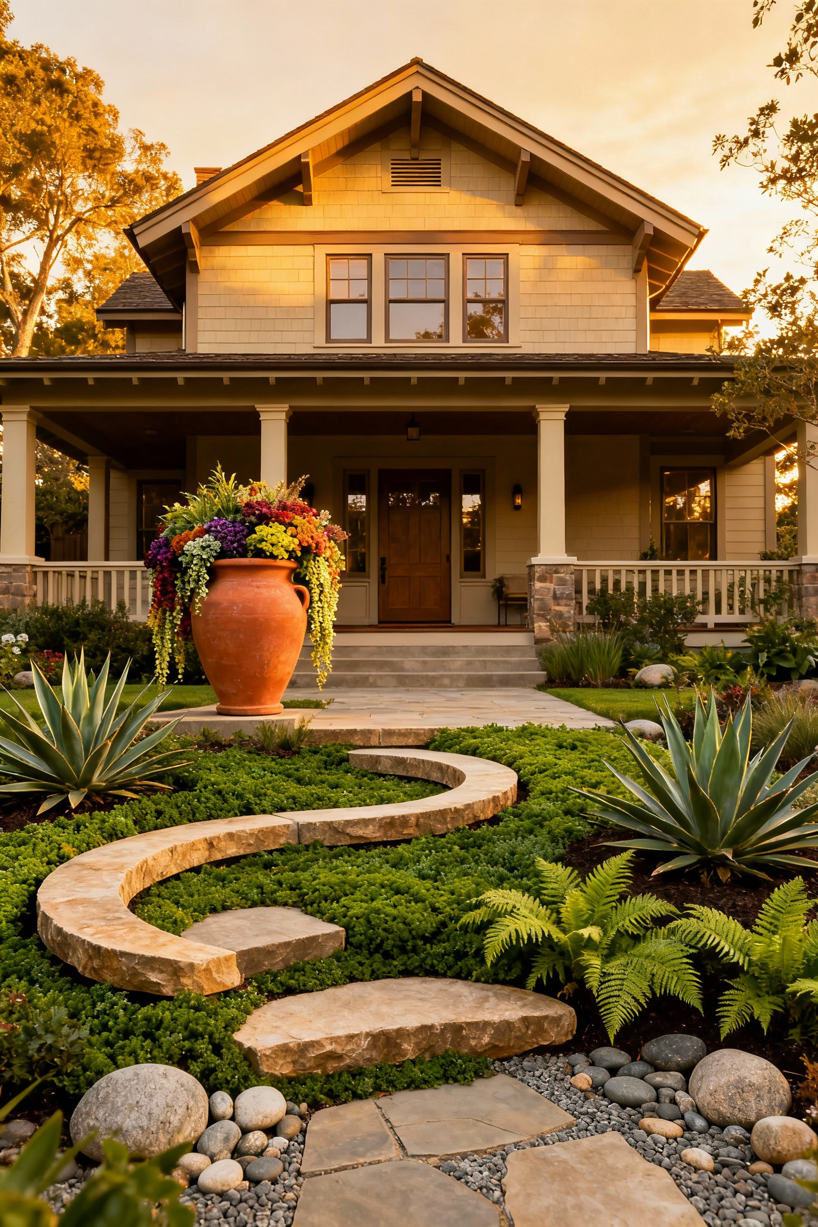 Front yard with asymmetrical landscape design featuring a classic Craftsman home, a large terracotta amphora with plants, and curving natural stone steps amidst diverse plantings for organic visual harmony.