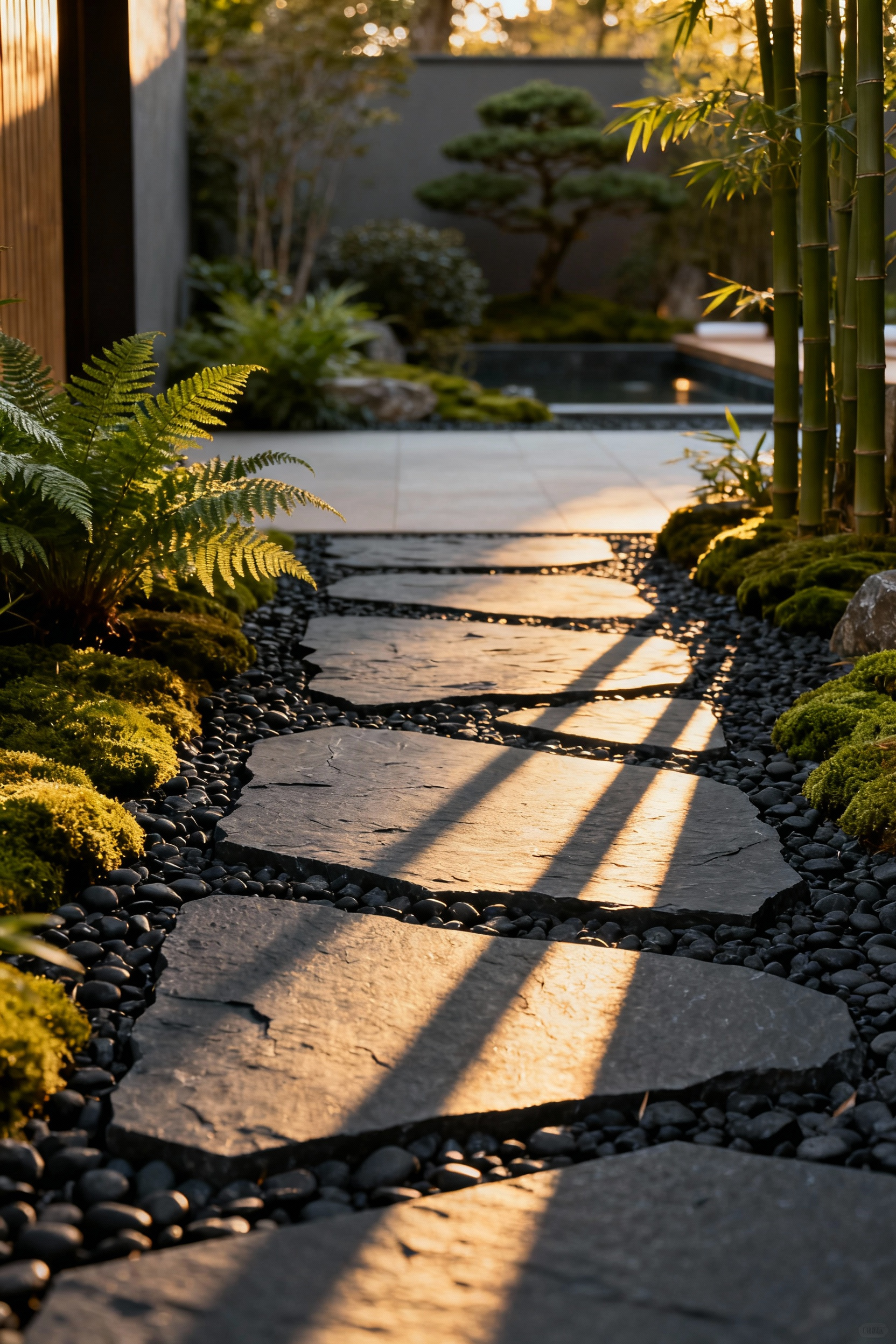 A spa-inspired backyard pathway made of heavily textured dark gray slate pavers leading toward a tranquil garden area under golden hour lighting.