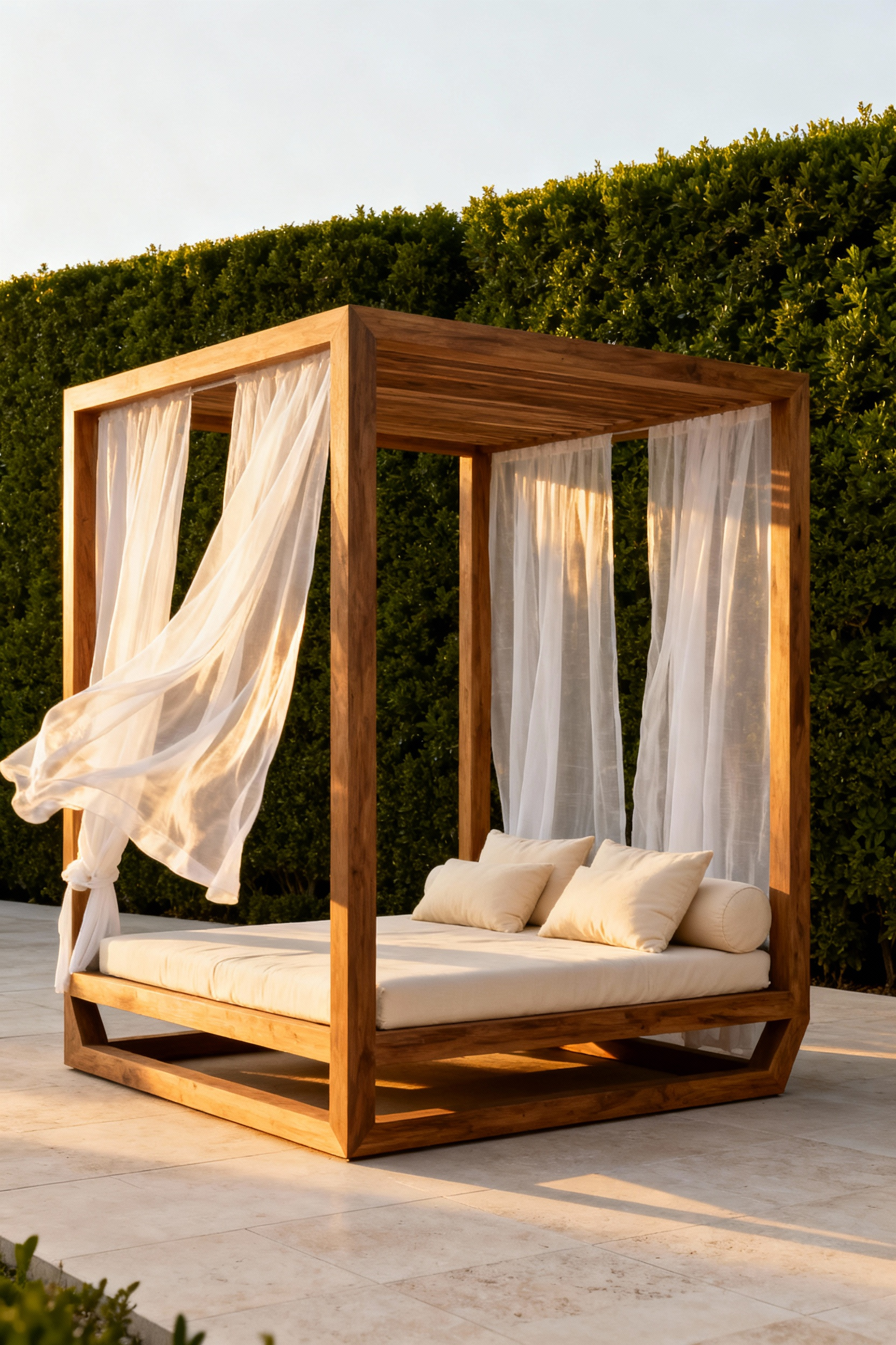 A luxurious teak outdoor daybed styled as a nap sanctuary, featuring billowing sheer white linen drapery and thick cream cushions, set against a backdrop of lush green hedges in warm golden hour light.