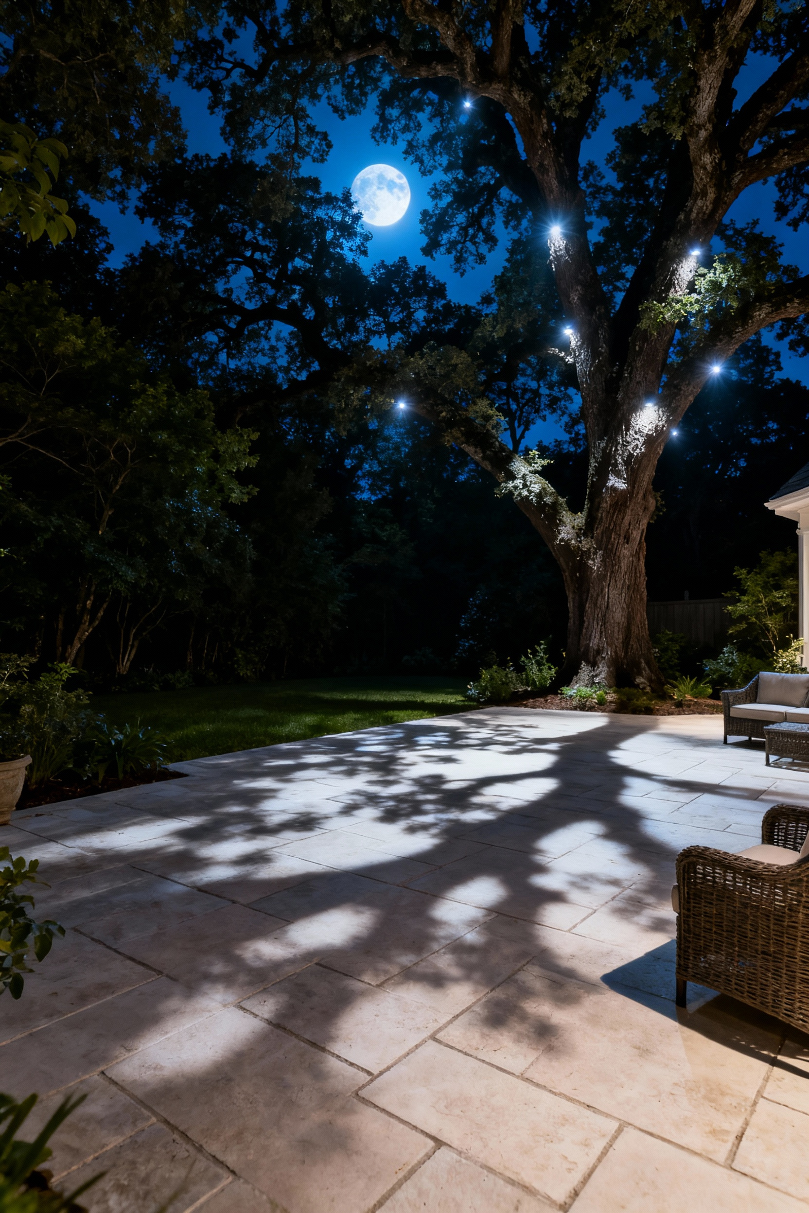 A luxurious stone patio at night illuminated by silvery-blue moonlighting, showing intricate, dappled tree shadows cast across the ground by hidden downlights.