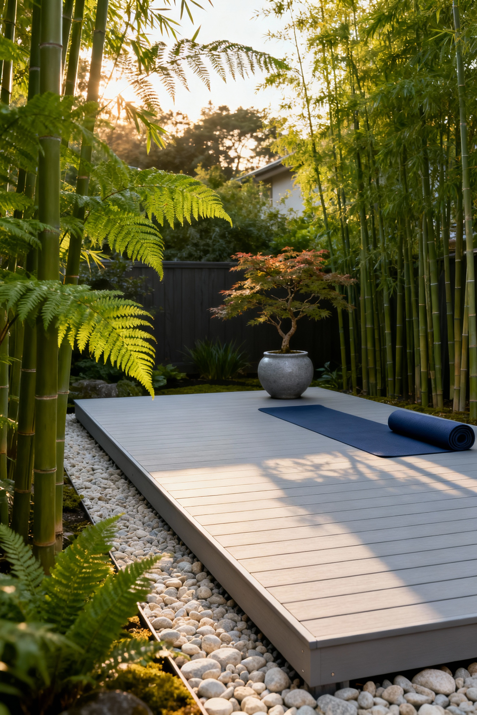 A beautifully graded, dedicated outdoor yoga platform (Niwa) made of light grey composite decking surrounded by drainage stones and lush ferns in a serene morning light setting.
