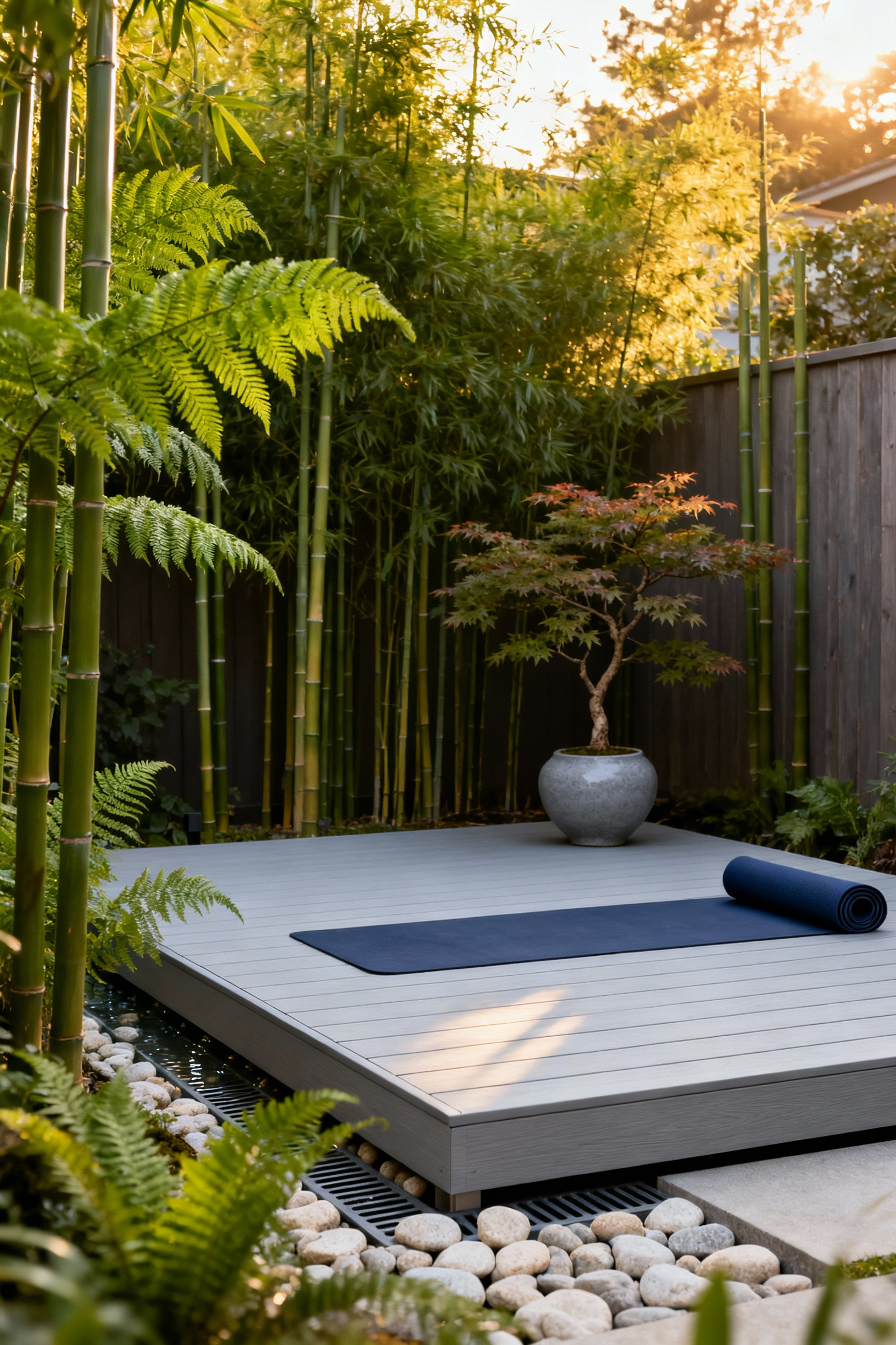 A beautifully graded, dedicated outdoor yoga platform (Niwa) made of light grey composite decking surrounded by drainage stones and lush ferns in a serene morning light setting.
