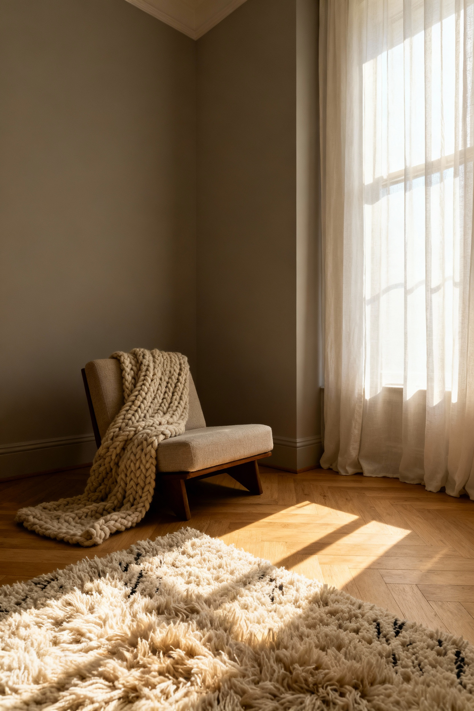 A luxurious, high-pile cream shag rug layered over wide-plank light oak heated flooring in a serene, modern master bedroom, emphasizing barefoot comfort and texture.