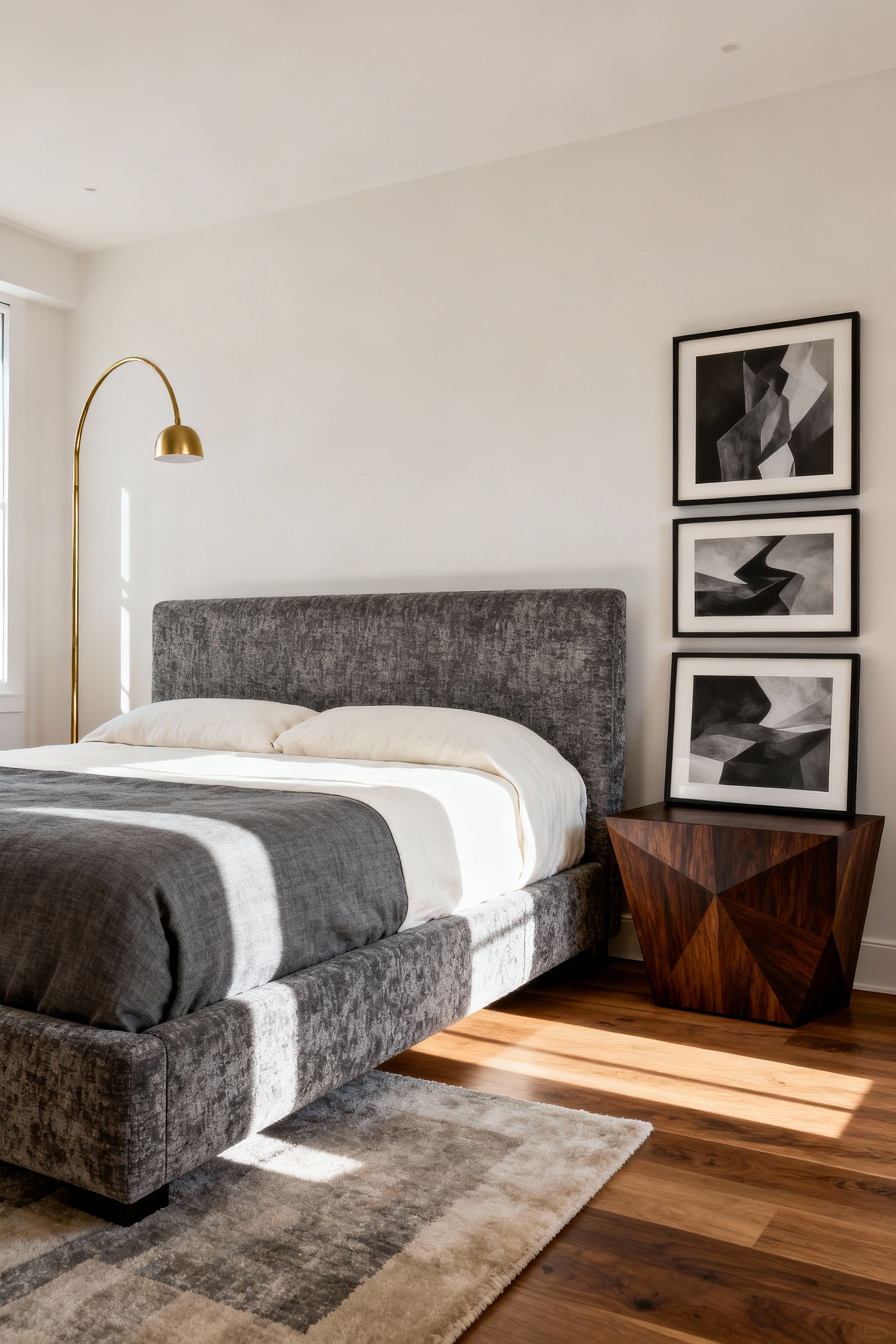 A modern bedroom featuring intentional visual asymmetry, where a tall floor lamp on one side balances a heavier dark dresser and gallery wall on the opposite side of the bed.