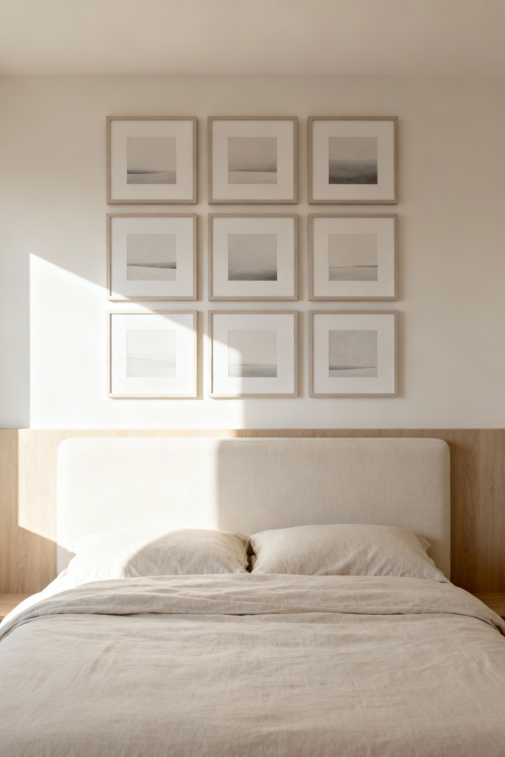 A tranquil, contemporary bedroom features a symmetrical grid arrangement of nine identically framed art pieces over the headboard, illustrating visual order and creating a peaceful sanctuary.