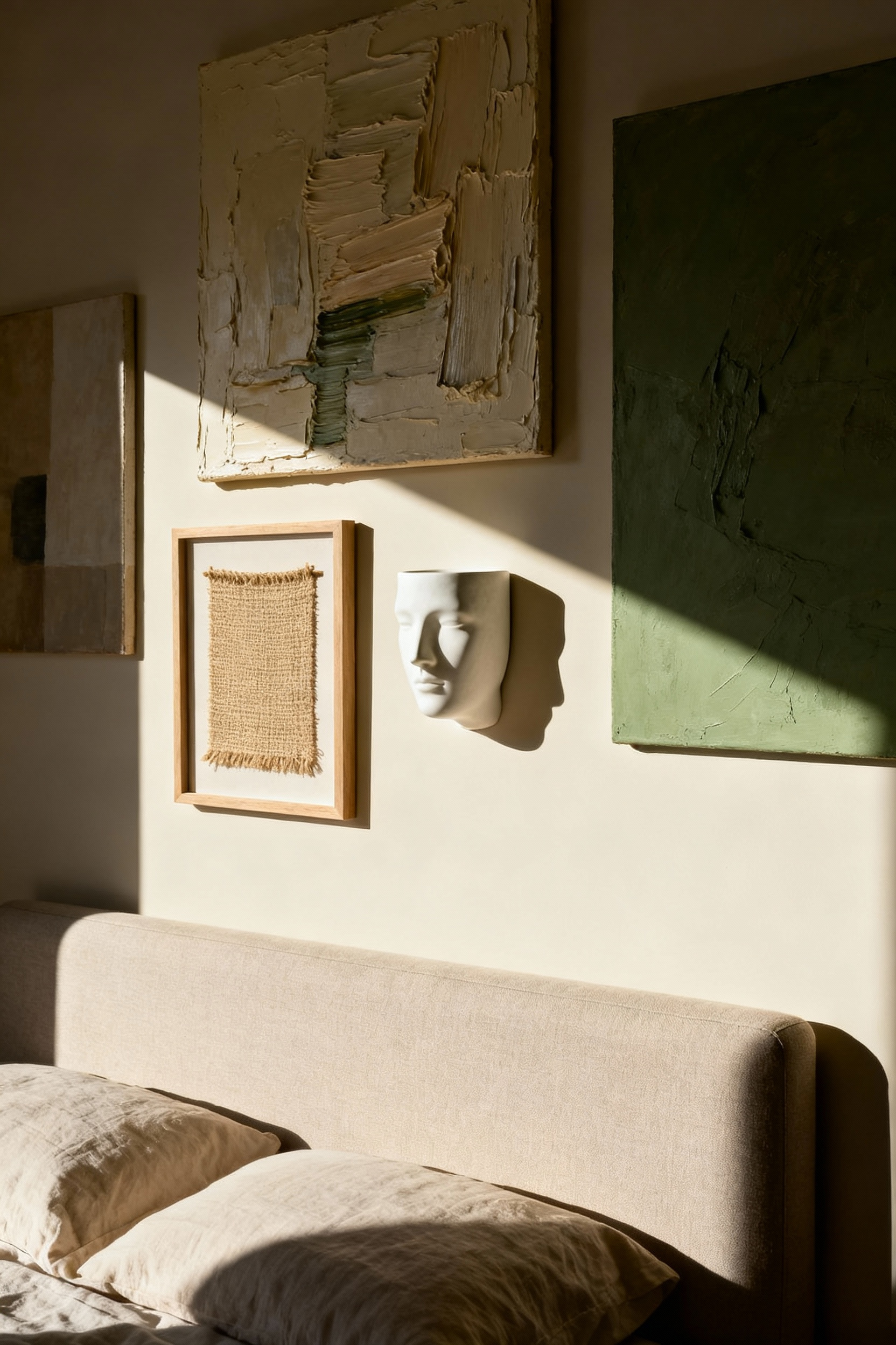 A gallery wall in a modern bedroom showcasing the use of mixed media and texture, including thick impasto paintings and sculptural ceramic pieces, illuminated by dramatic sidelight to emphasize spatial contrast.