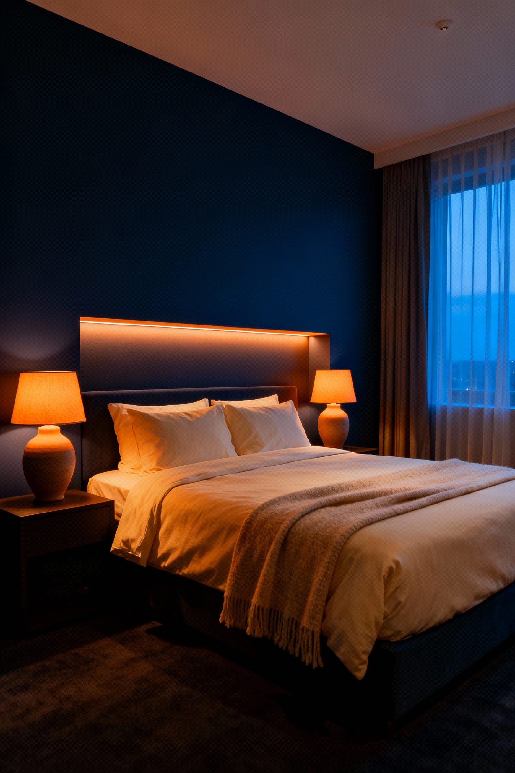 Luxurious primary bedroom at twilight featuring deep amber, Warm-Dim lighting (around 2200K) from hidden cove fixtures and bedside lamps, creating a serene, melatonin-supportive atmosphere designed for couples.