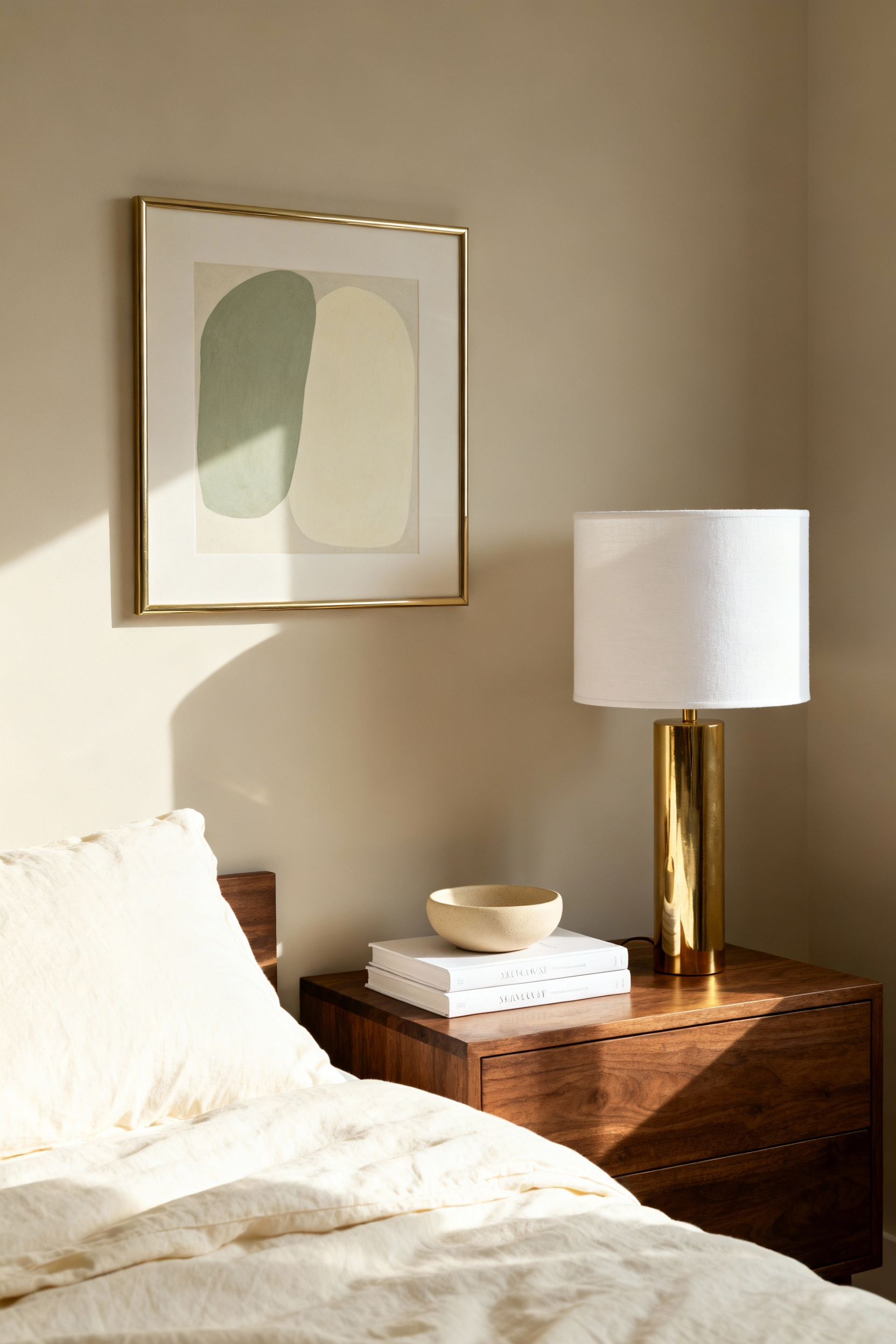 A styled modern bedroom vignette showing a walnut bedside table with a brass lamp, intentionally coordinated with a nearby square abstract art piece framed in thin brass metal, demonstrating material repetition for aesthetic cohesion.