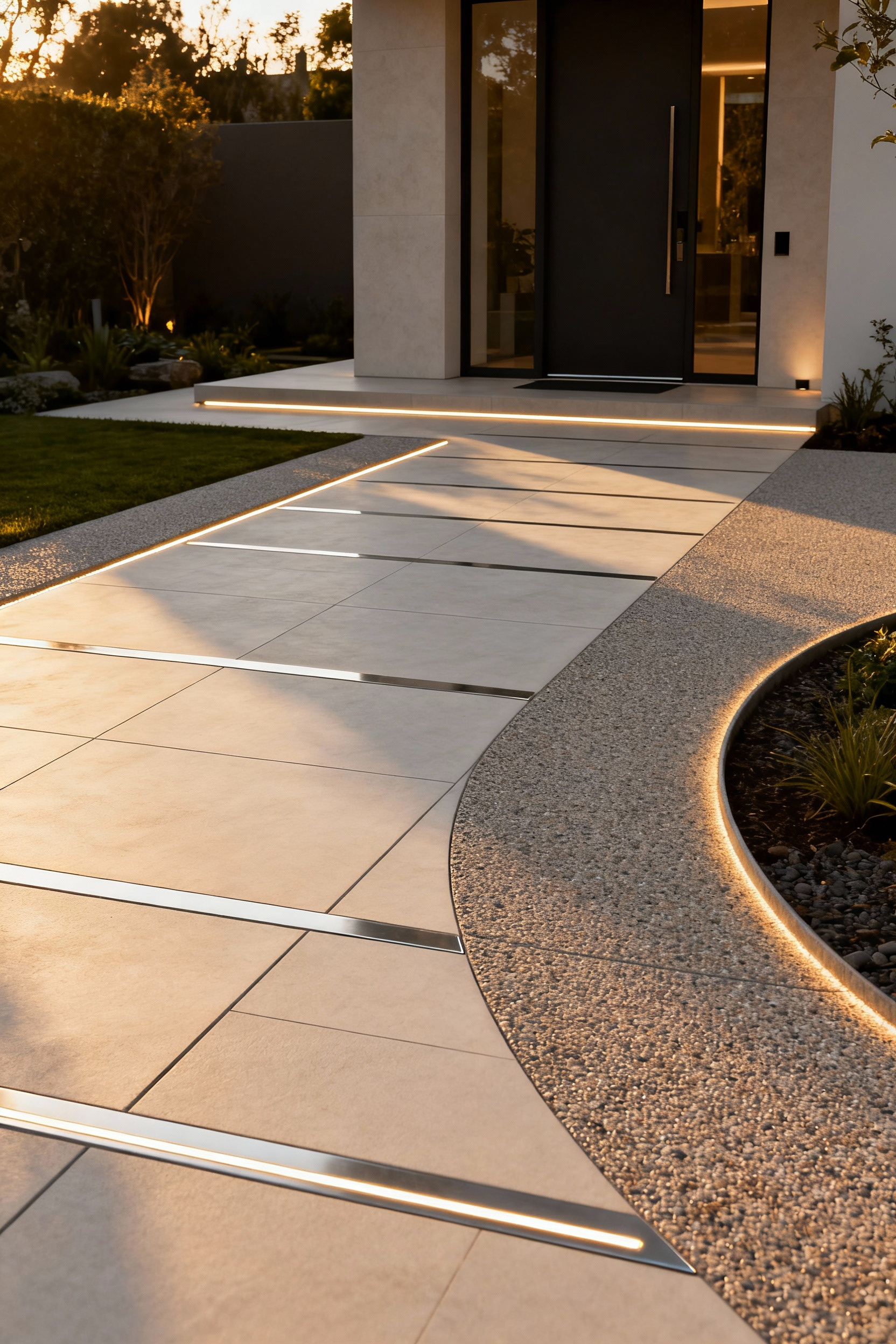 A luxurious front yard entrance featuring varied bespoke hardscaping textures, with large format porcelain pavers on the main path and a permeable aggregate path to a side garden. Subtle LED lighting highlights the patterns in soft golden morning light.