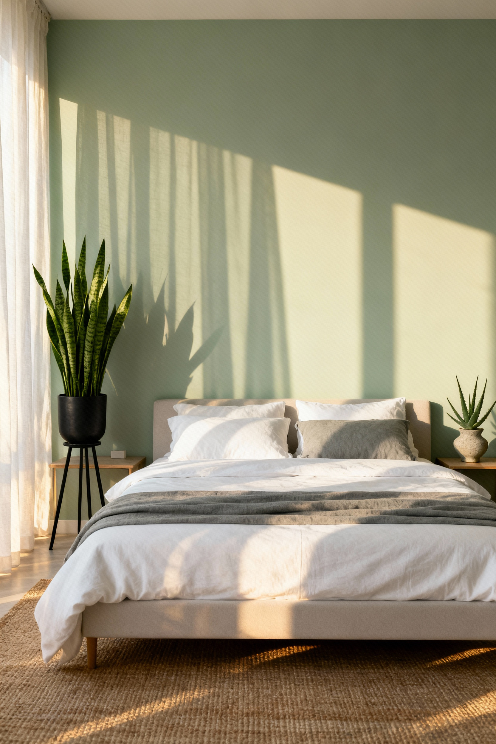 A serene, minimalist bedroom featuring a king bed, natural linen sheets, and strategic air-purifying plants, including a tall Snake Plant and a potted Aloe Vera, designed for deep, oxygenated rest for couples.
