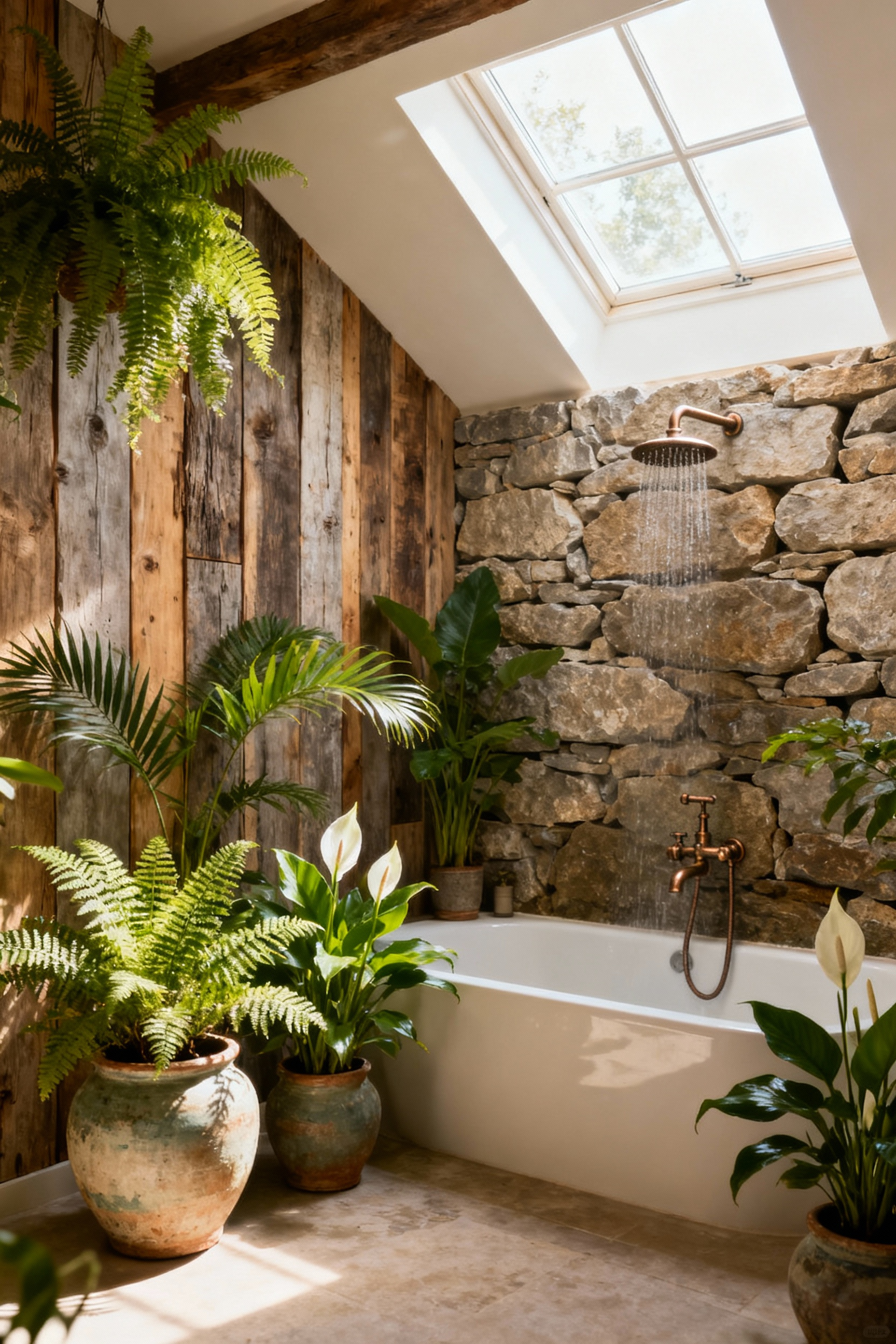 Farmhouse bathroom featuring biophilic design elements with lush indoor plants in ceramic planters, a raw stone accent wall, reclaimed wood, abundant natural light from a window and skylight, and modern bronze fixtures. The space evokes a sense of calm and emotional rejuvenation, combining rustic charm with natural tranquility.