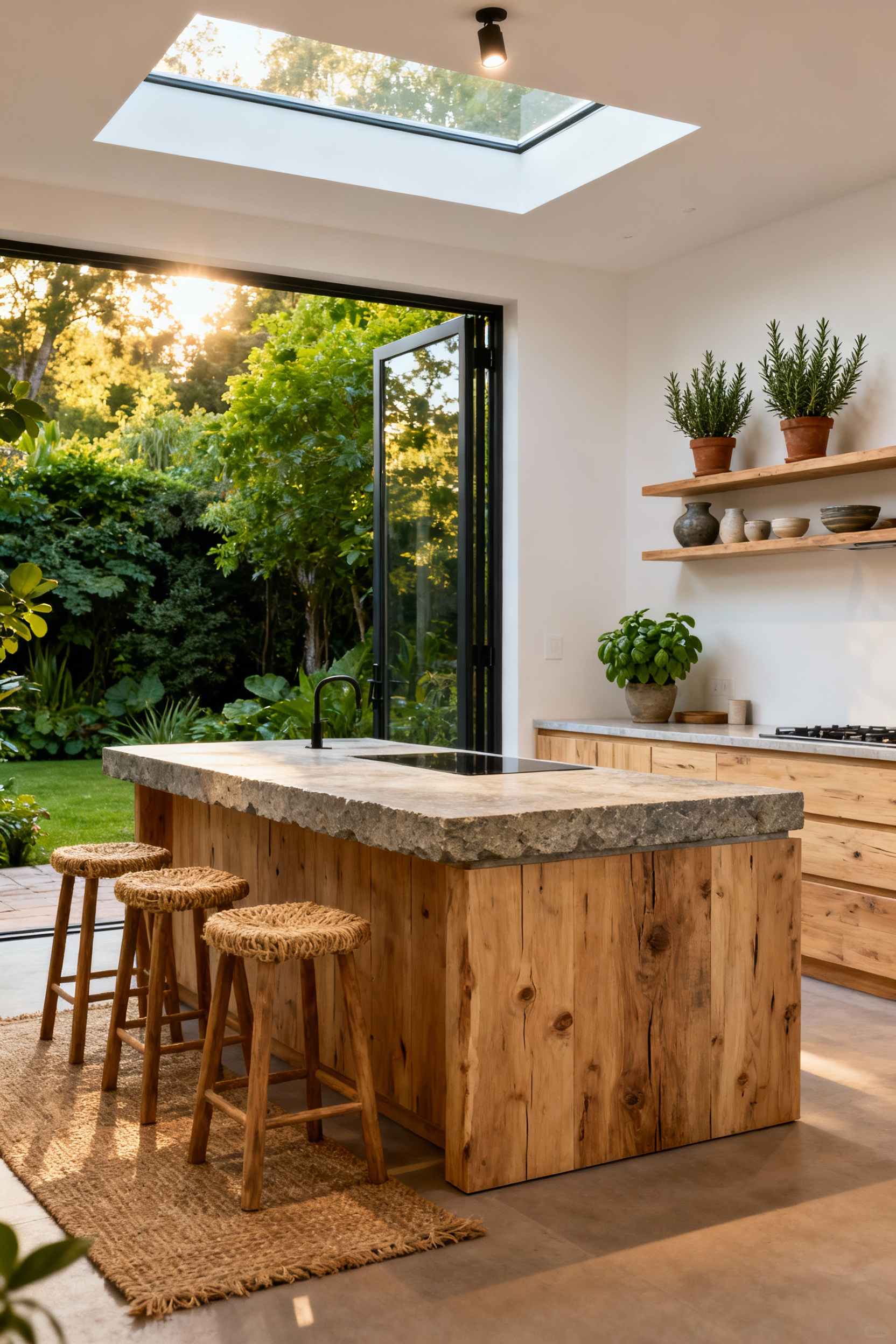 A bright, biophilic green kitchen featuring floor-to-ceiling windows that merge the interior cooking space with a lush outdoor garden, maximizing natural light and organic materials.