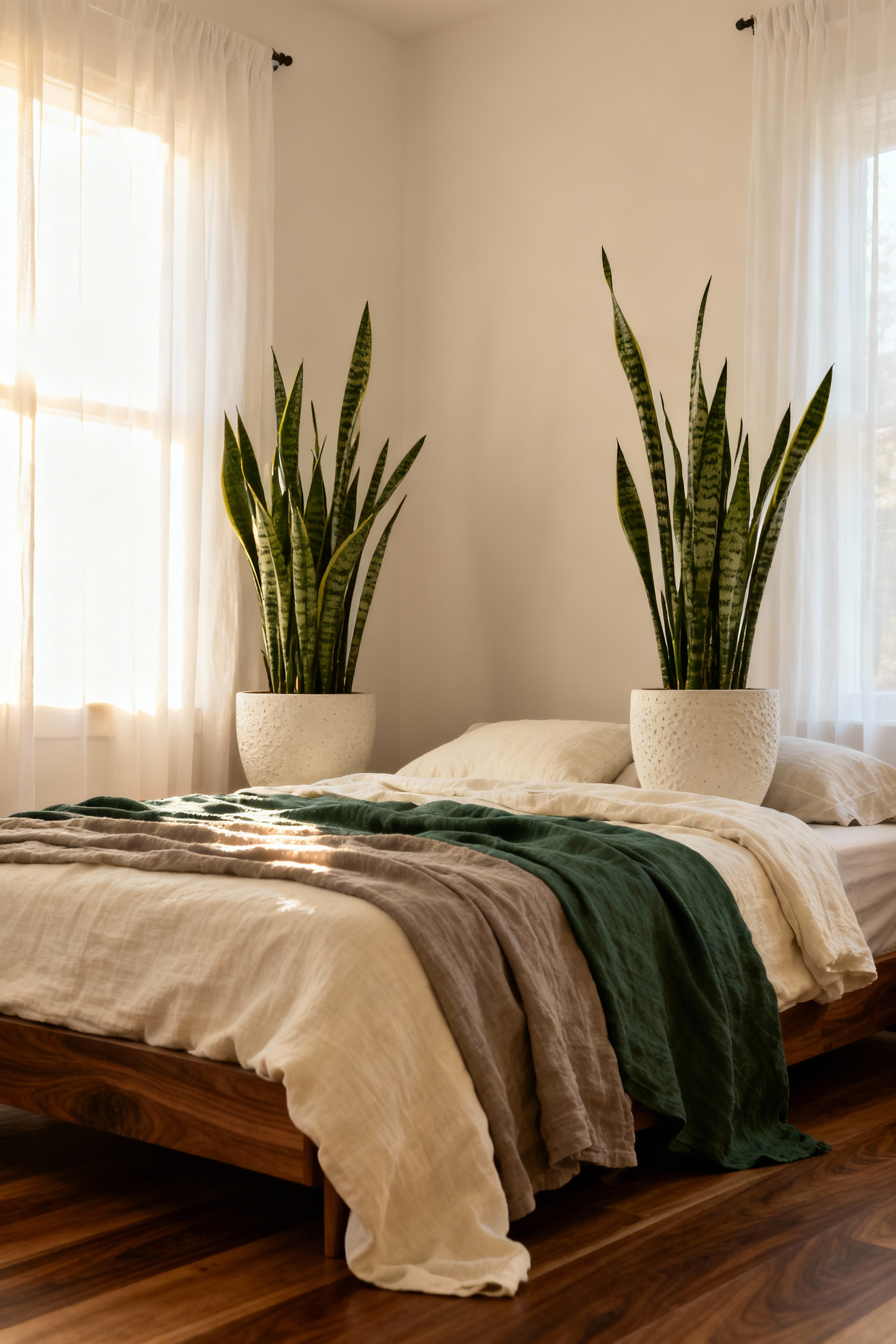 Detailed shot of a cozy Scandinavian-style bedroom featuring prominent snake plants near the bed for biophilic air purification and restorative sleep.