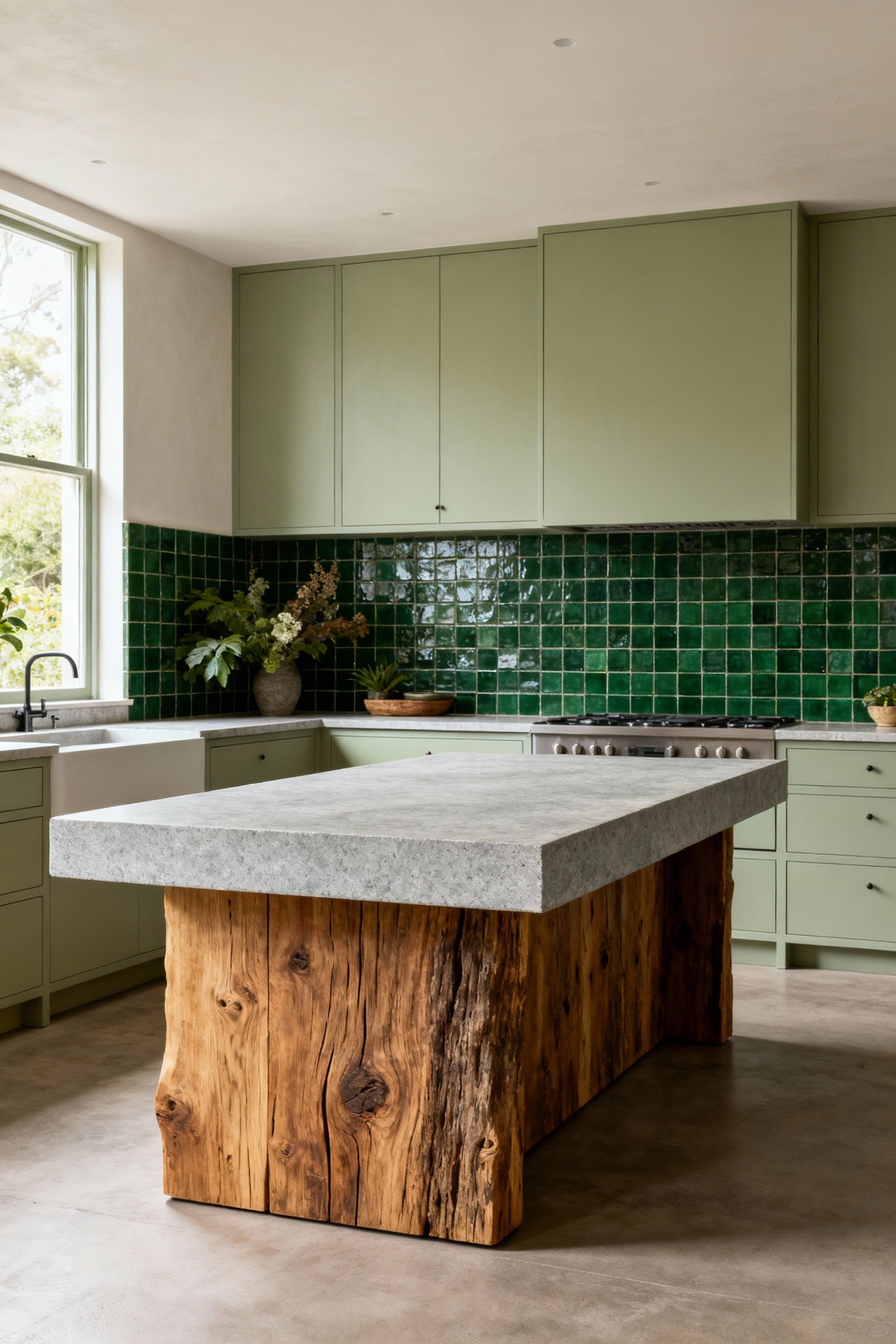 A wide view of a biophilic kitchen featuring layered botanical green cabinetry, raw oak wood textures, and honed limestone countertops, designed to reduce stress and promote calm.