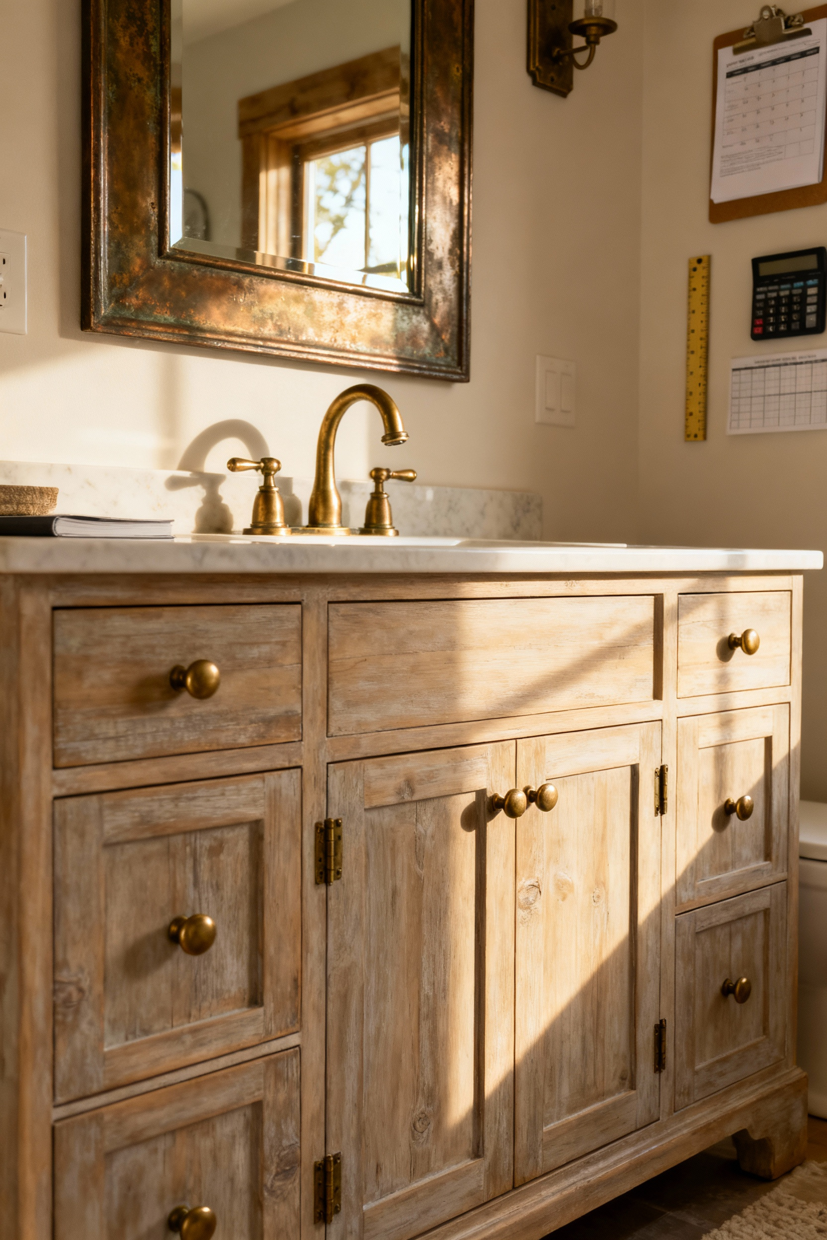 Farmhouse bathroom featuring unlacquered brass faucets, aged bronze mirror frames, and vintage hardware, showcasing warm metallic finishes and rustic elegance.
