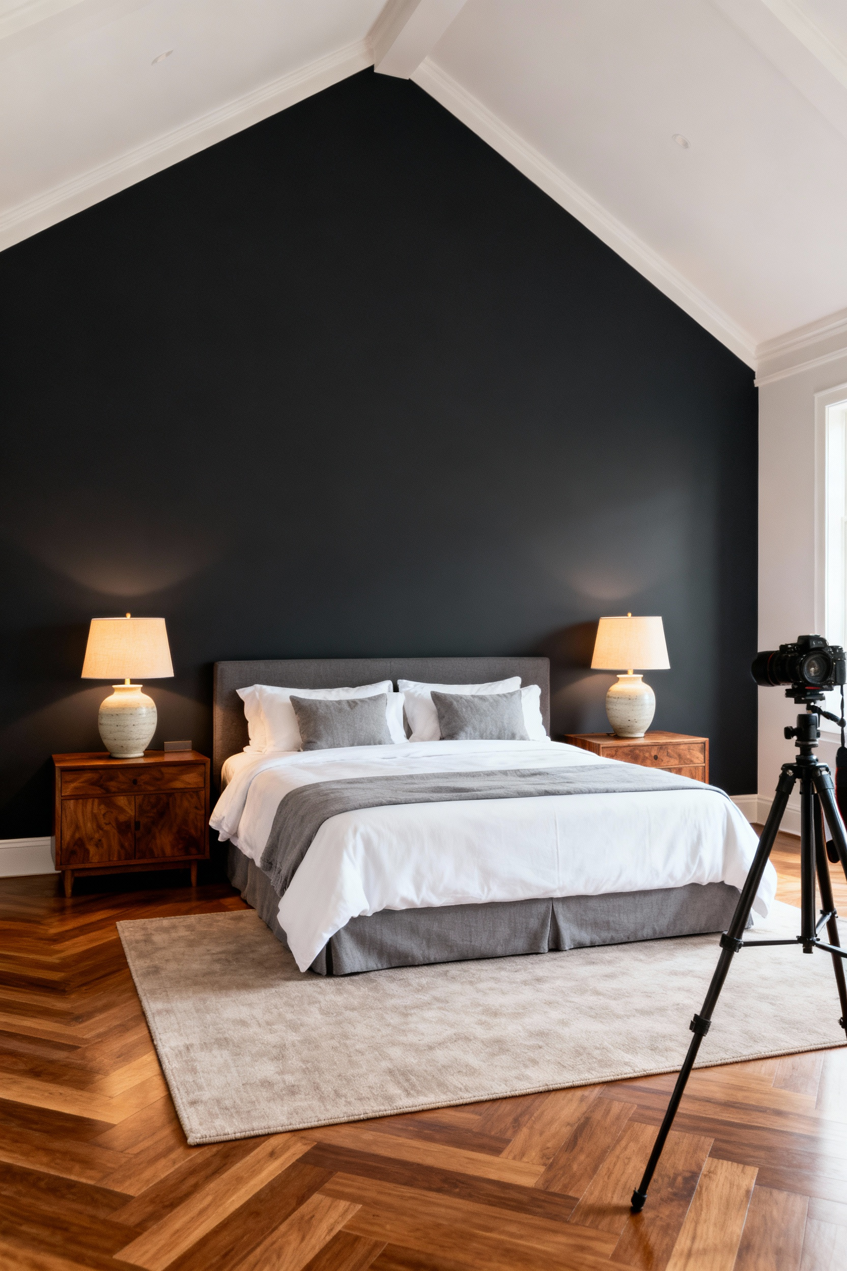 Symmetrical master bedroom featuring a king bed centered on the main wall, illustrating generous 30-inch clearance on both sides to promote intuitive flow and equal access for couples.