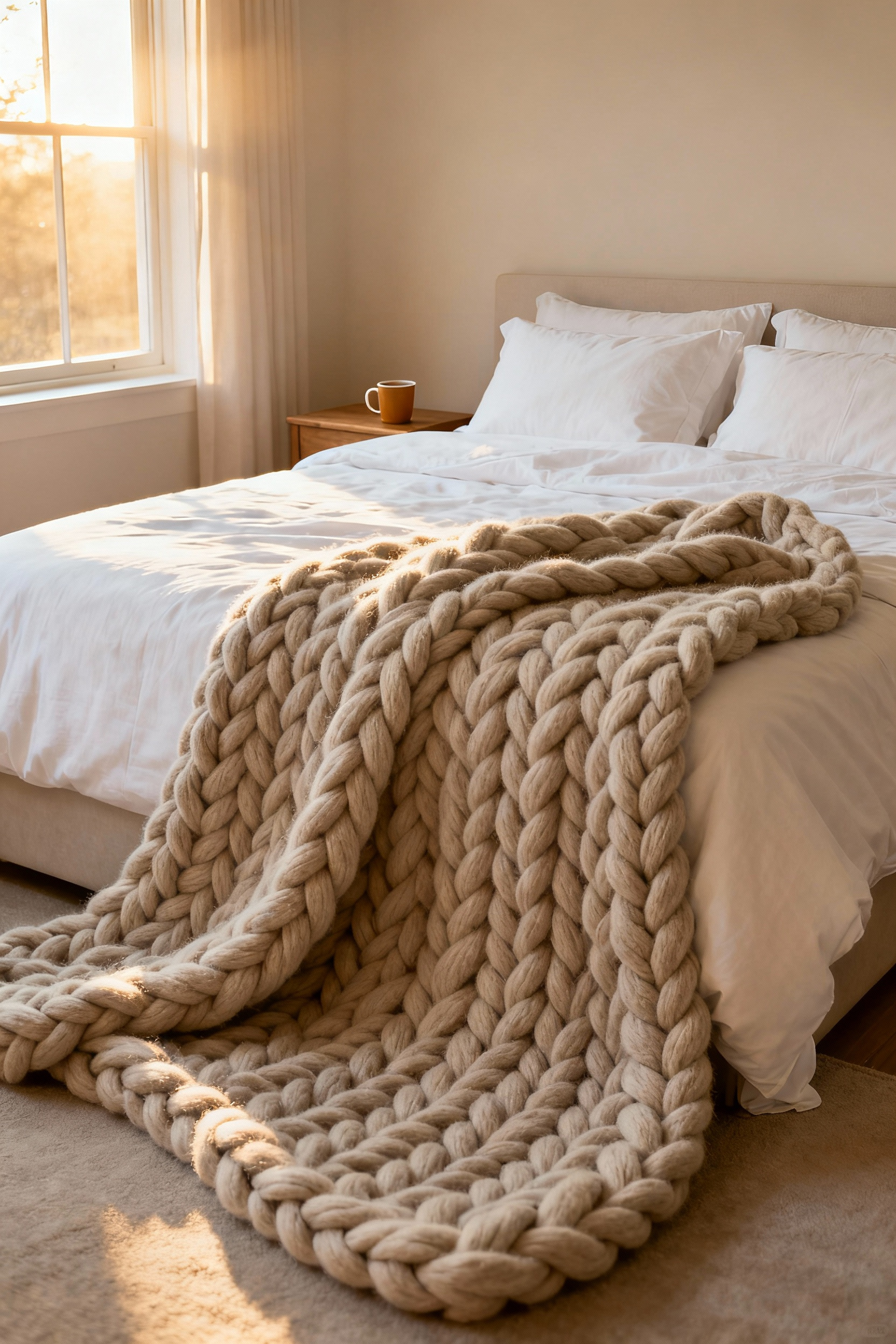 A photograph of a luxurious, serene bedroom featuring a king-sized bed layered with white linens and dramatically draped with a large, heavy oatmeal-colored chunky knit weighted throw.