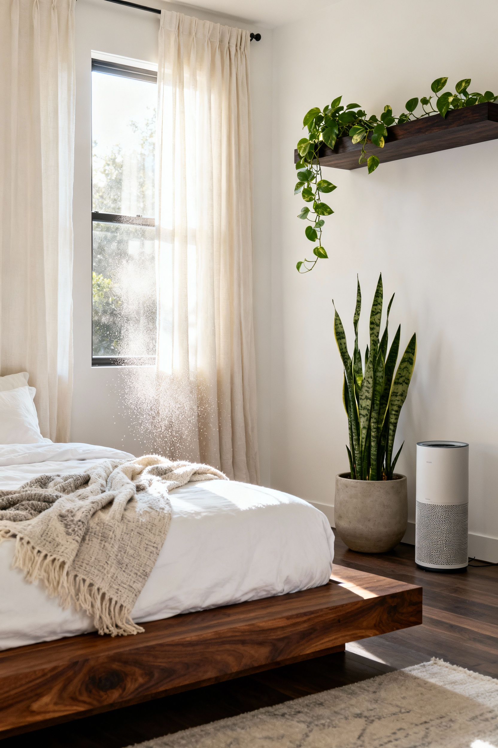A minimalist, high-end bedroom designed as a sensory sanctuary featuring biophilic elements like a Snake Plant and Pothos, emphasizing clean air and relaxation.