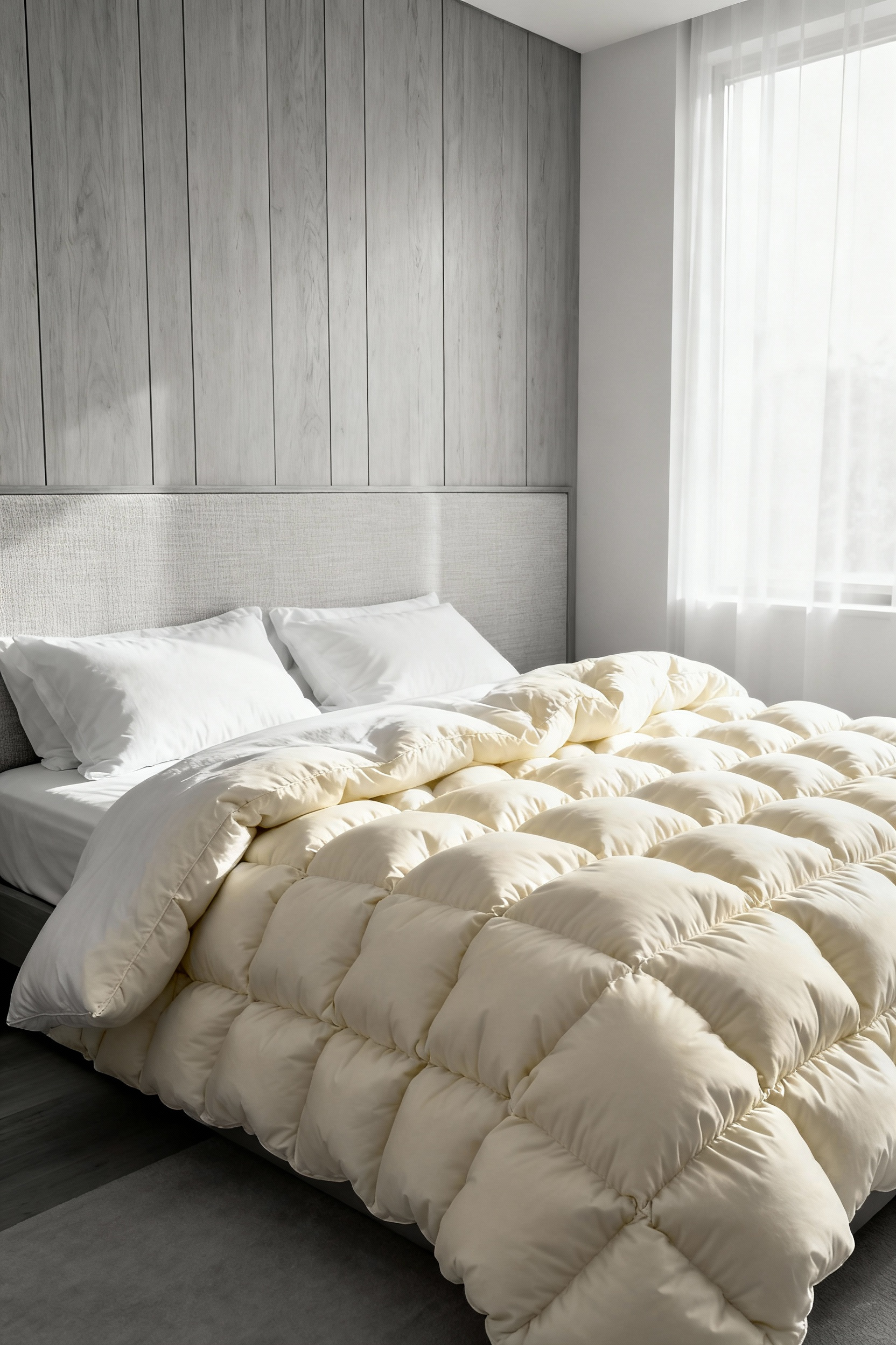 A luxurious king bed featuring a thick, white, high-fill power down duvet, creating an inviting, cloud-like layer for ultimate cozy comfort in a spa-inspired bedroom.