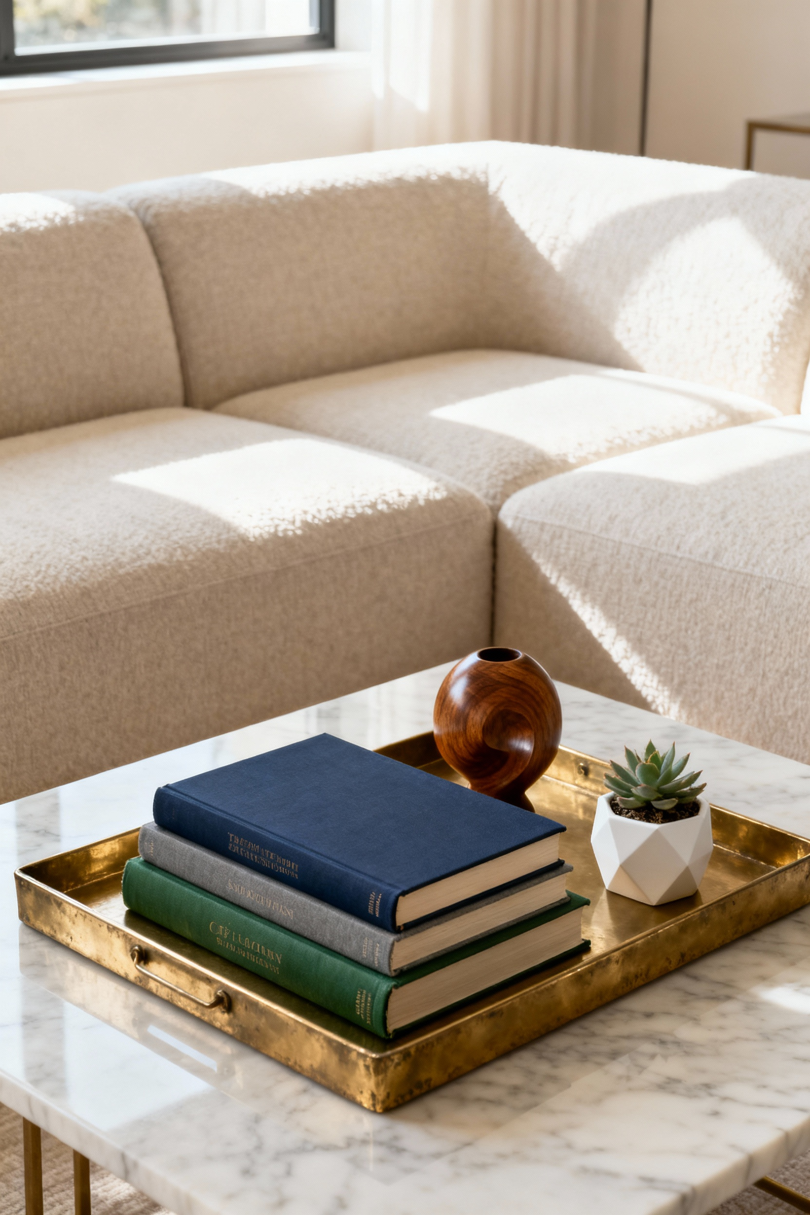 A photograph showing a detailed coffee table vignette anchored by an antique brass tray, stacked hardback books, and small accessories, set within a modern, sunny living room.