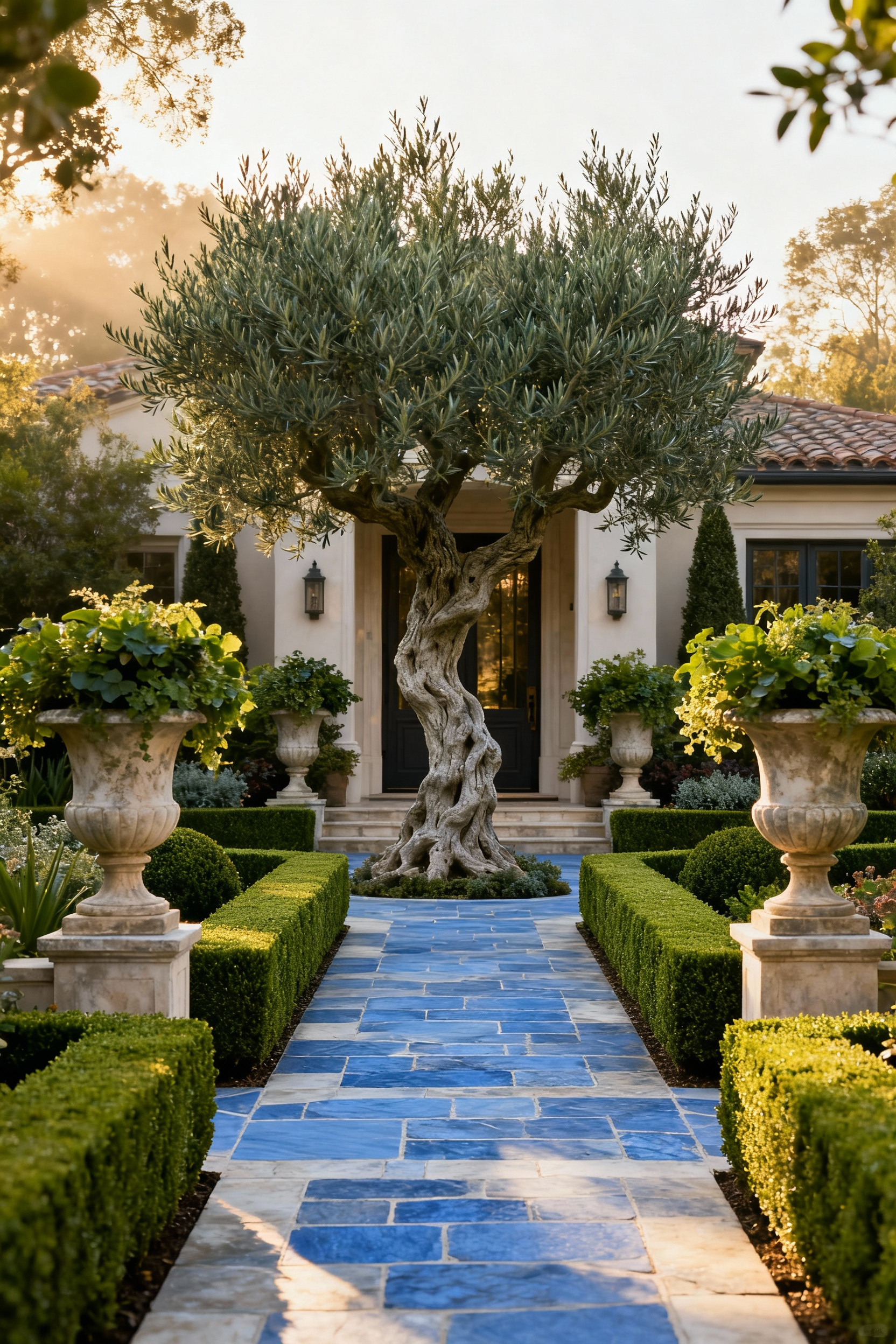 A professionally designed front yard featuring a cohesive visual narrative, bluestone pathway, symmetrical boxwood hedges, elegant urns with greenery, and a sculptural olive tree under soft morning light. The scene exemplifies a sophisticated, curated landscape design creating a singular impression.