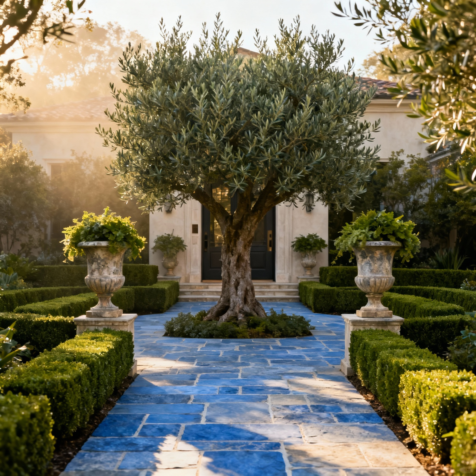 A professionally designed front yard featuring a cohesive visual narrative, bluestone pathway, symmetrical boxwood hedges, elegant urns with greenery, and a sculptural olive tree under soft morning light. The scene exemplifies a sophisticated, curated landscape design creating a singular impression.