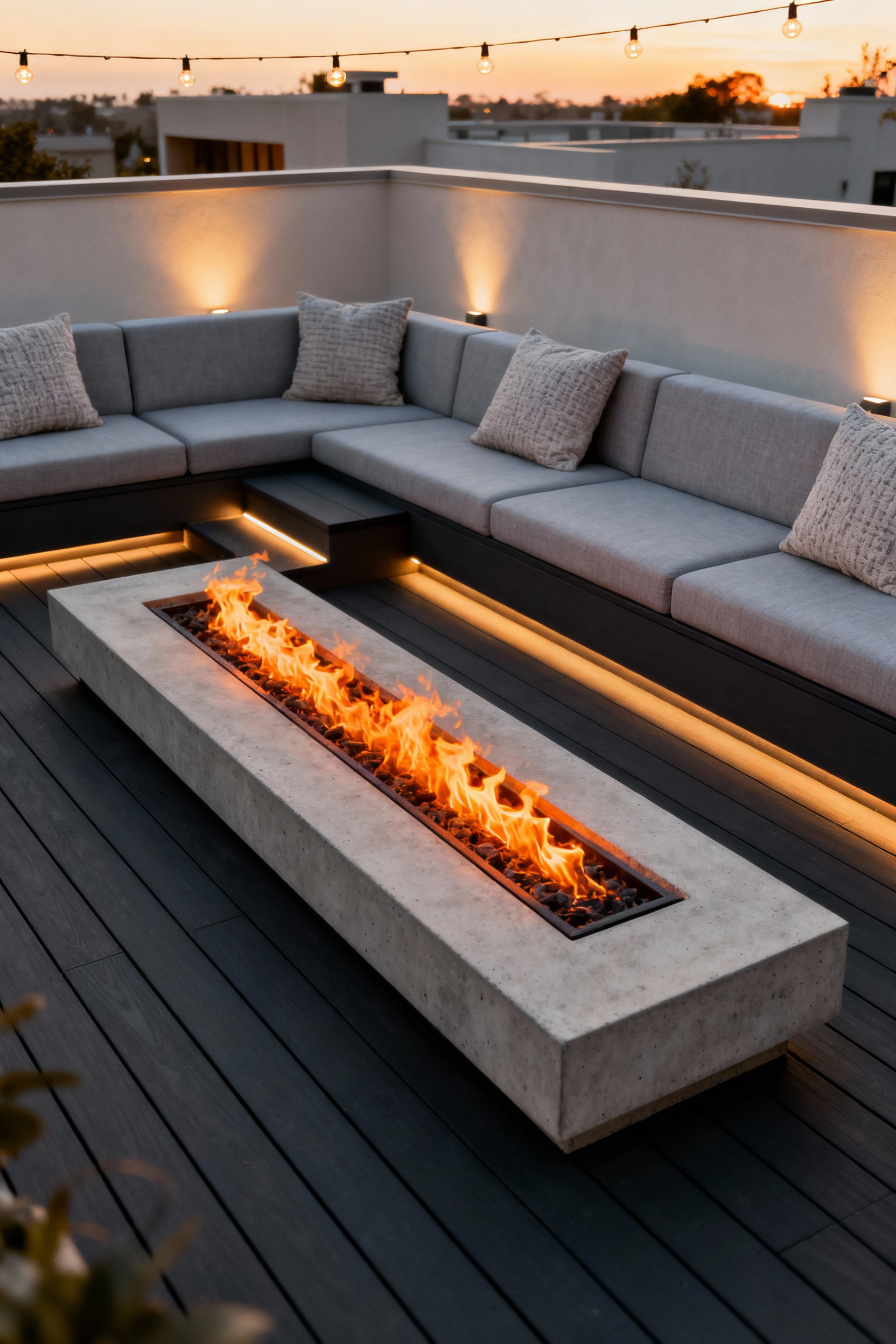 Modern rectangular propane fire table anchoring a luxurious outdoor living room setup on a multi-level composite deck surrounded by gray sectional seating at dusk.