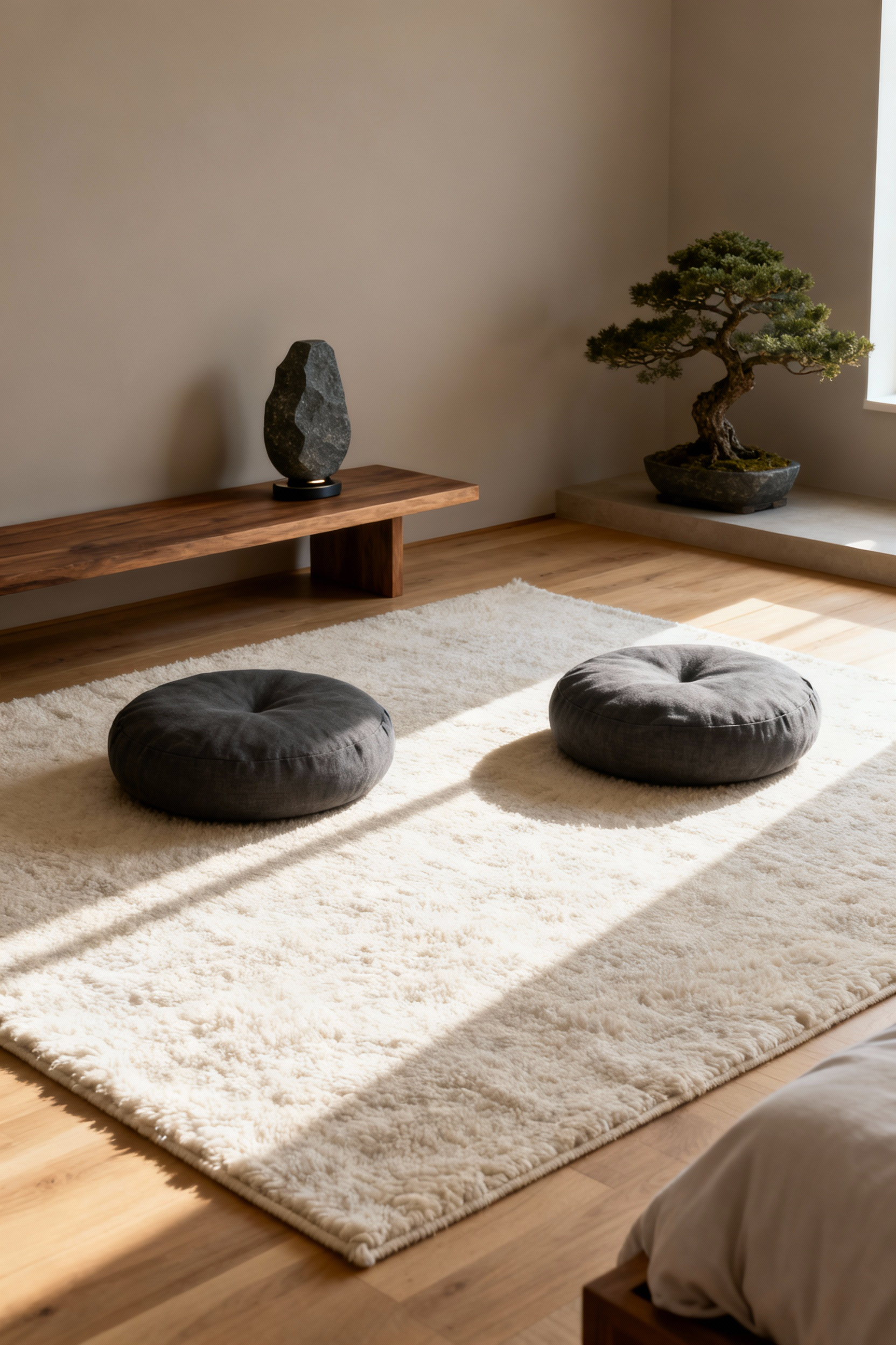 A serene, high-end meditation corner designed for two inside a luxury master bedroom suite, featuring a large ivory plush rug and two matching slate-grey meditation cushions (zafus) under soft, diffused morning light.