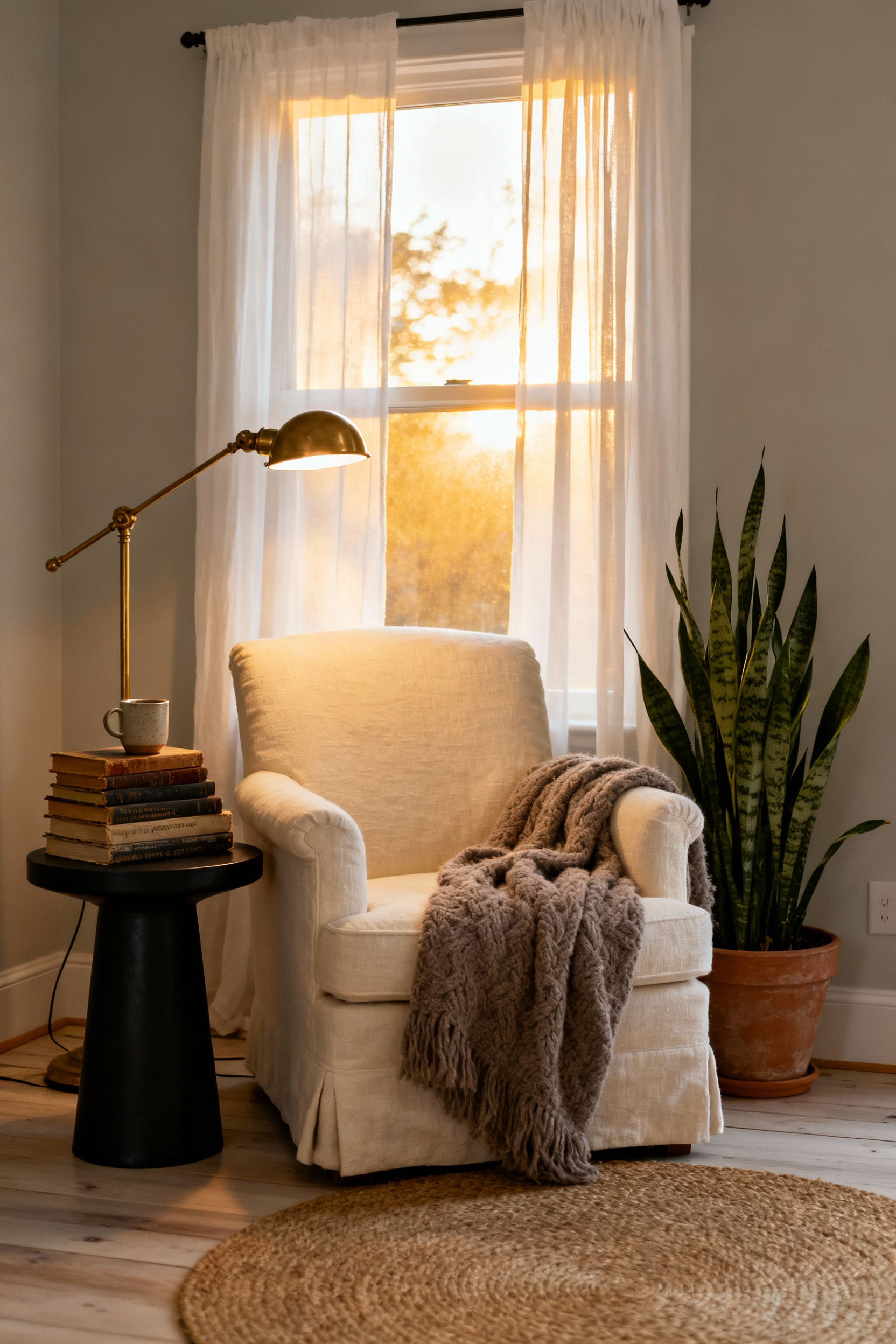A cozy, tech-free reading nook in a bedroom corner featuring a cream linen armchair, a wooden side table with stacked paper books, a warm knit blanket, and golden hour lighting filtering through sheer curtains.