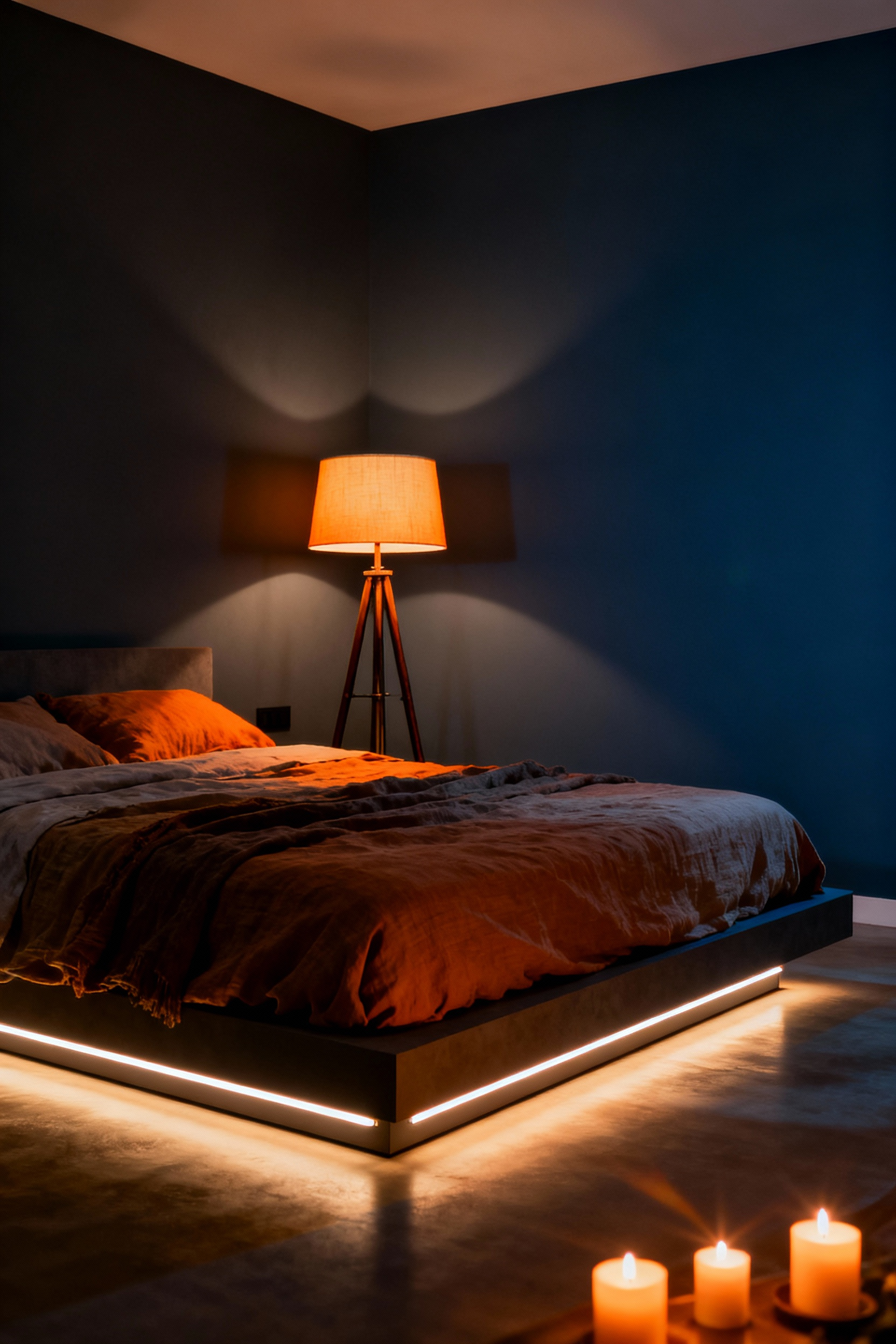 A photograph of a cozy bedroom at night illuminated only by warm 2700K toe-kick lighting beneath the bed and a glowing floor lamp, demonstrating low-level ambient lighting for nighttime navigation.