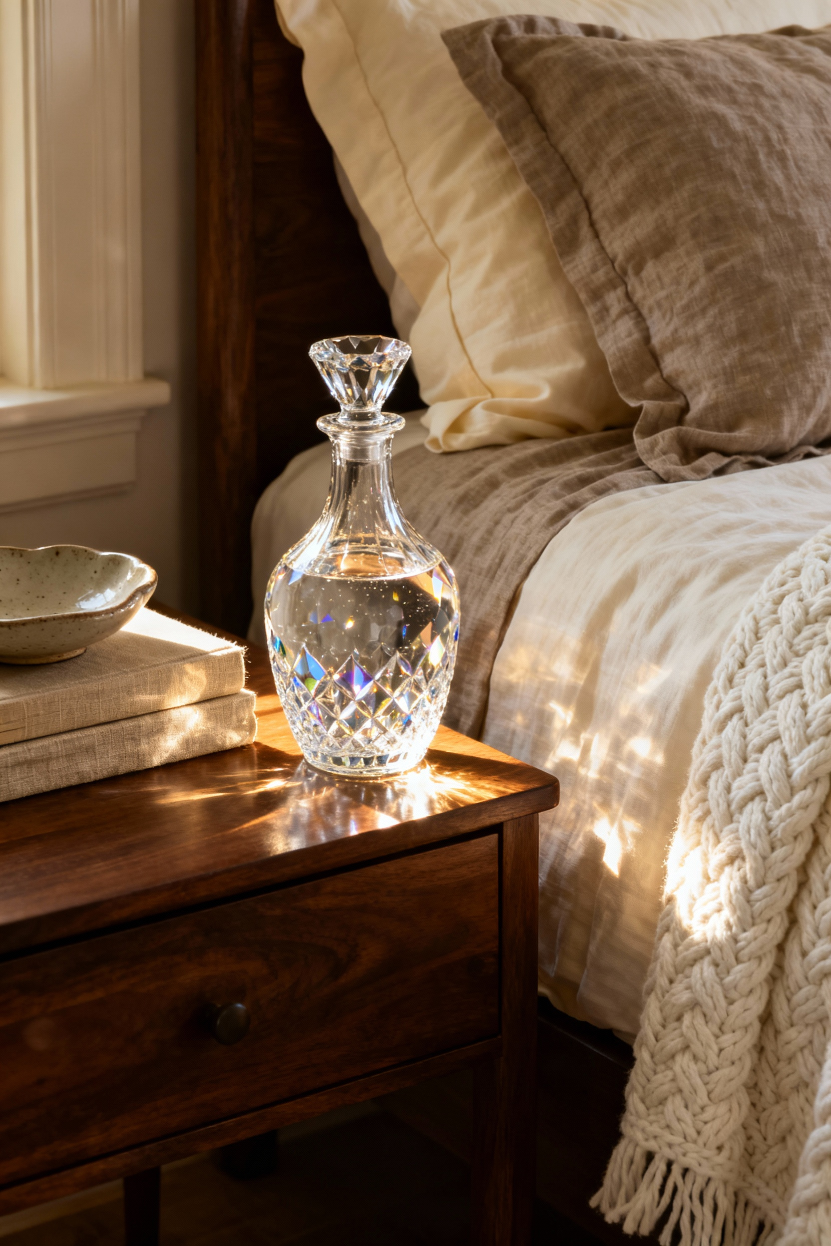 A crystal carafe set (tumble-up) resting on a walnut nightstand next to a cozy, layered bed, illuminated by soft golden hour light.