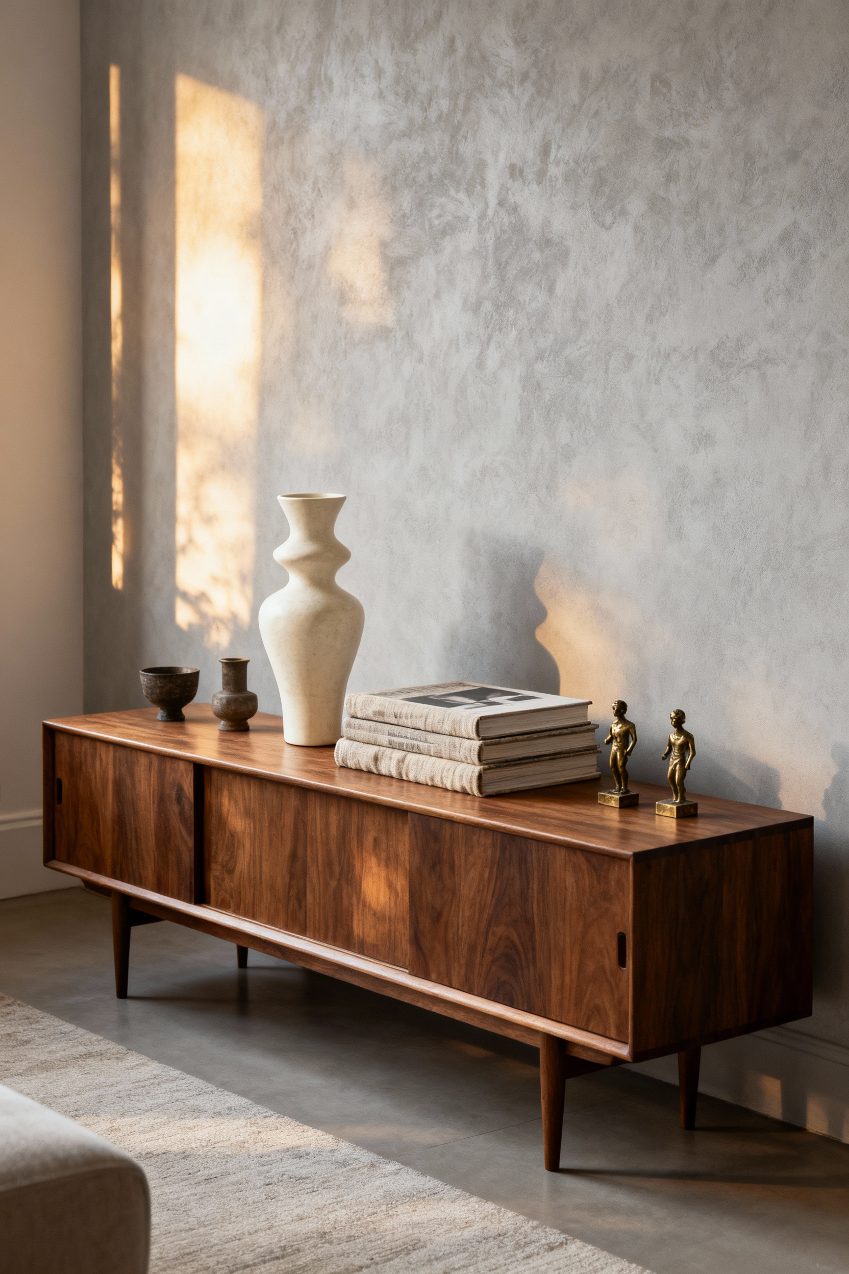 A modern living room console table featuring highly curated decorative objects, emphasizing white space around a large sculptural ceramic vase that acts as the focal point.