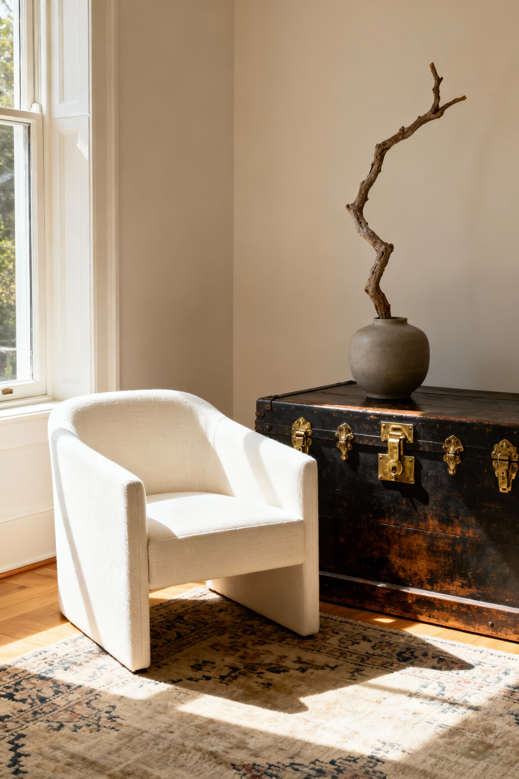 A photograph illustrating a sophisticated living room where a modern cream linen armchair is intentionally placed next to a heavily patinaed antique wooden chest, achieving a collected aesthetic through the blend of old and new elements.
